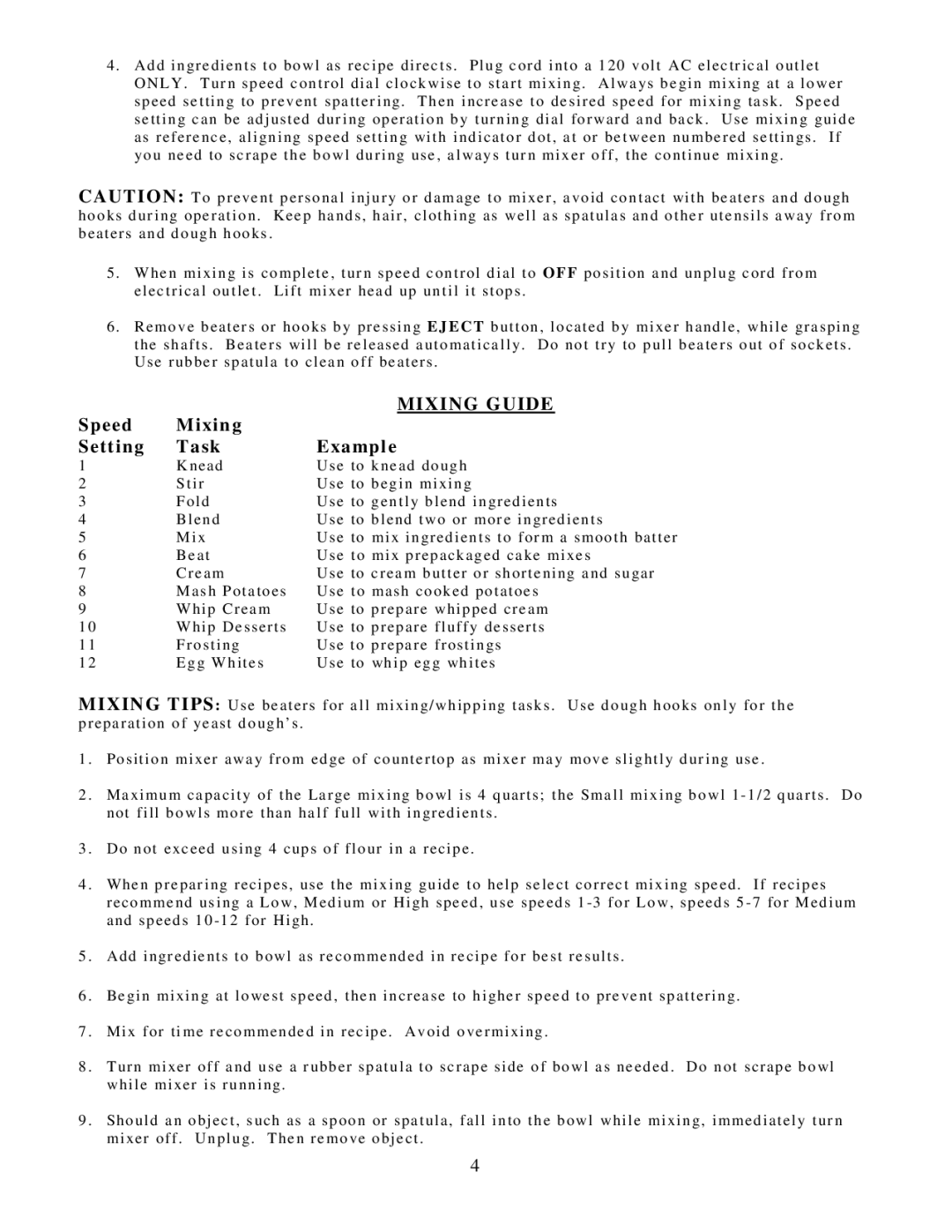 West Bend Mixer instruction manual Speed Mixing, Setting Task Example 