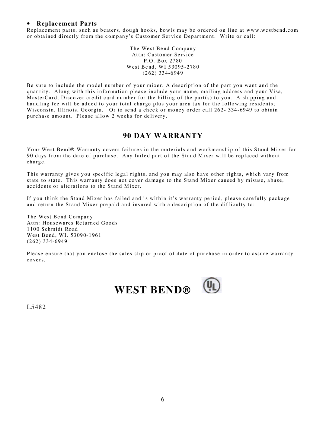 West Bend Mixer instruction manual DAY Warranty, Replacement Parts 