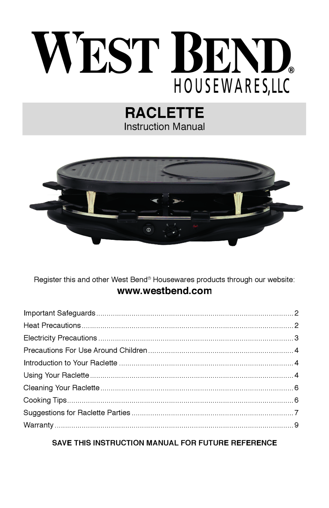 West Bend Model 6130 instruction manual Raclette 