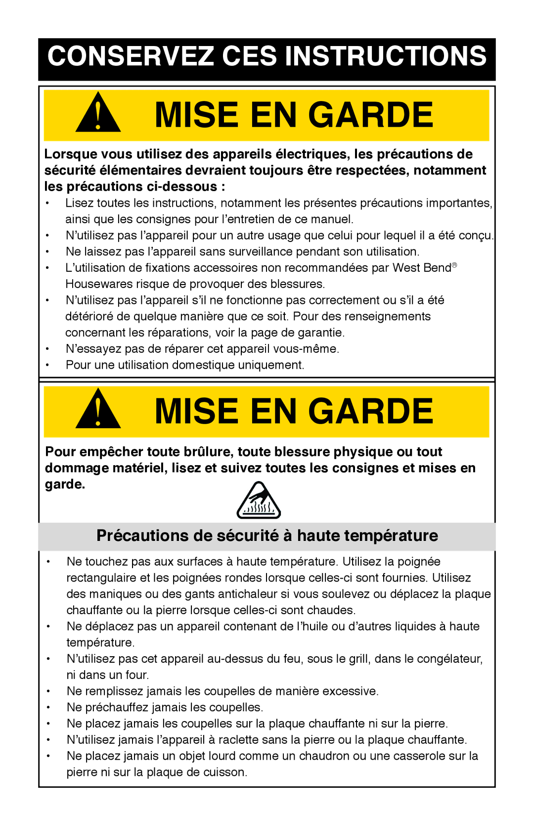 West Bend Model 6130 instruction manual Mise EN Garde, Précautions de sécurité à haute température 