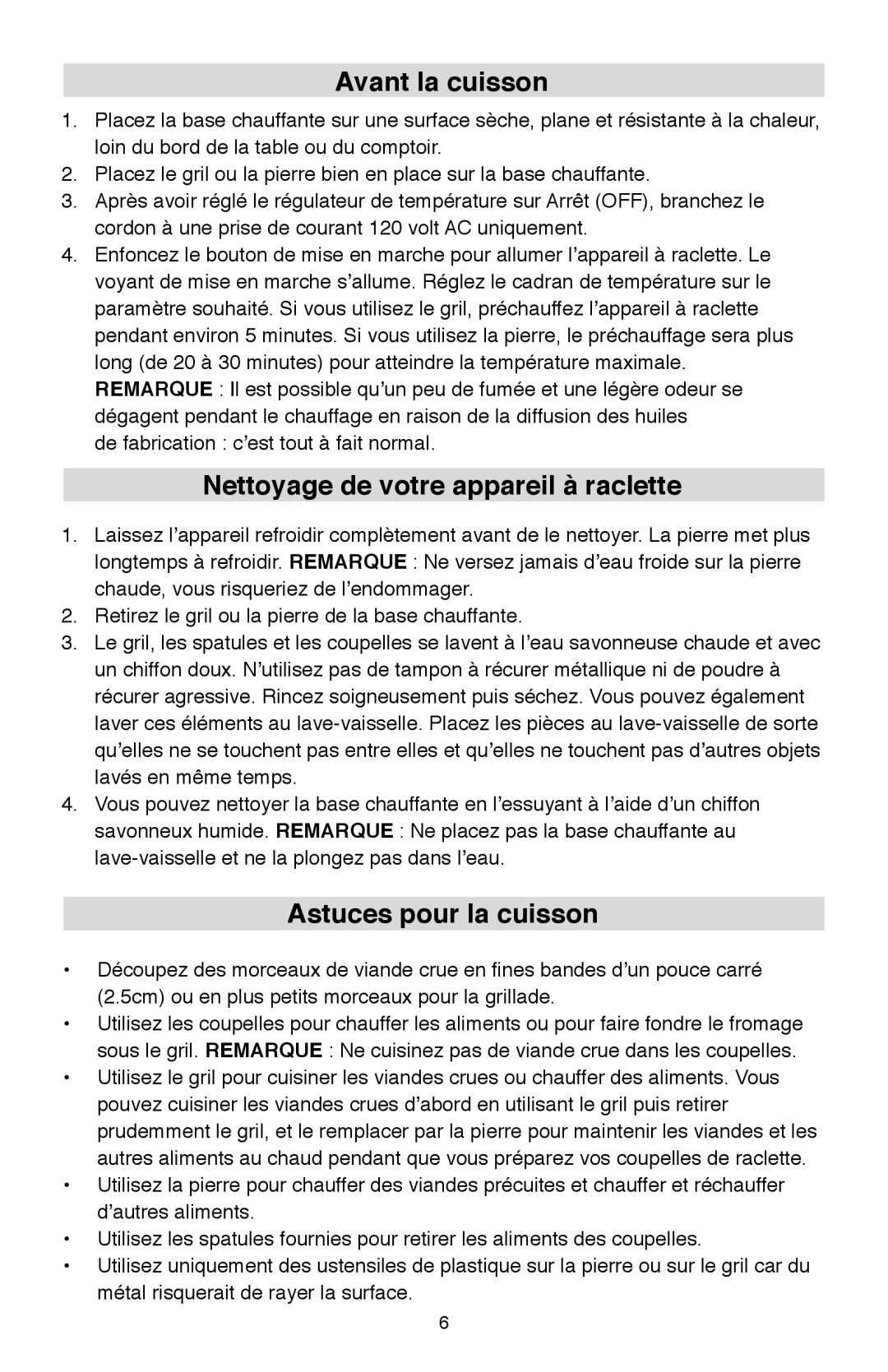 West Bend Model 6130 instruction manual Avant la cuisson, Nettoyage de votre appareil à raclette, Astuces pour la cuisson 