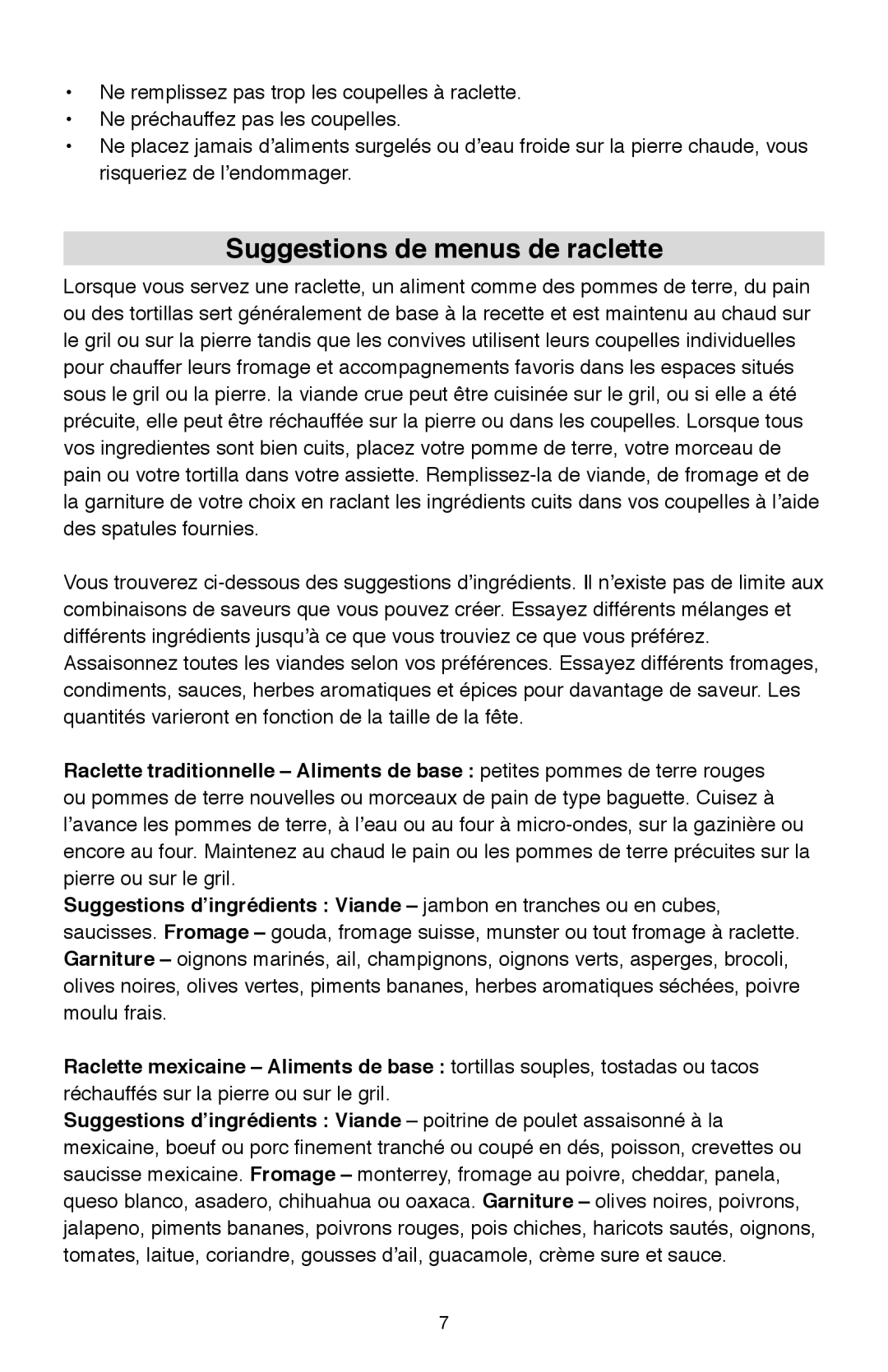 West Bend Model 6130 instruction manual Suggestions de menus de raclette, Réchauffés sur la pierre ou sur le gril 