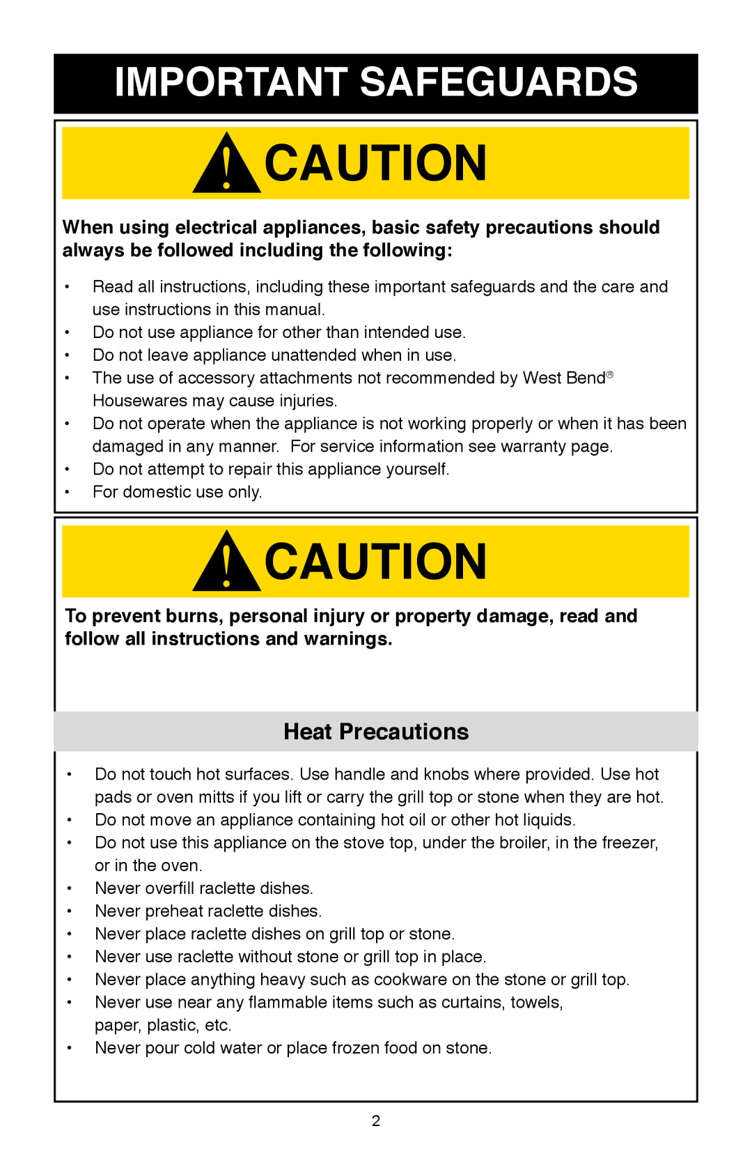 West Bend Model 6130 instruction manual Important Safeguards, Heat Precautions 