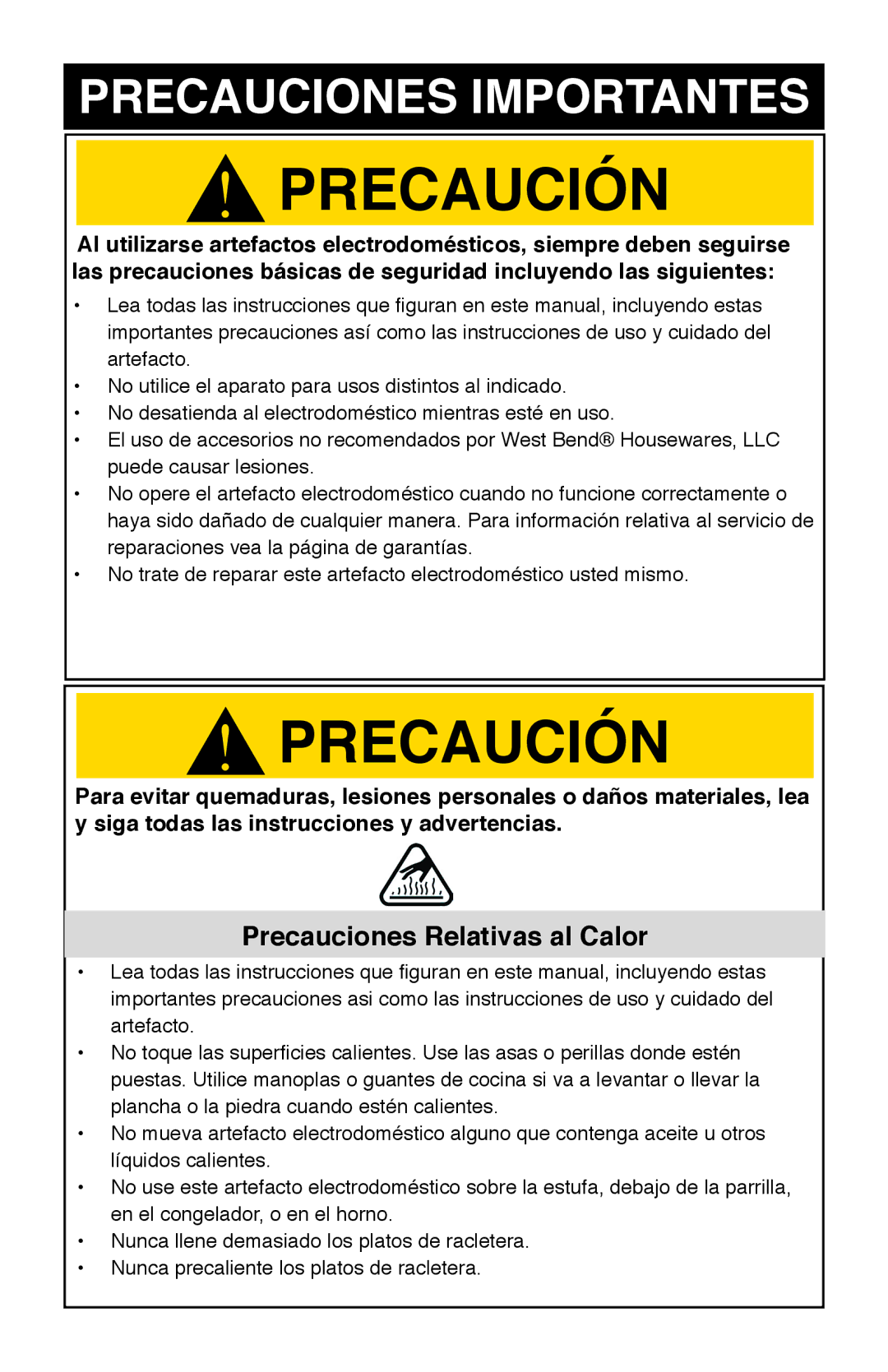 West Bend Model 6130 instruction manual Precaución, Precauciones Relativas al Calor 