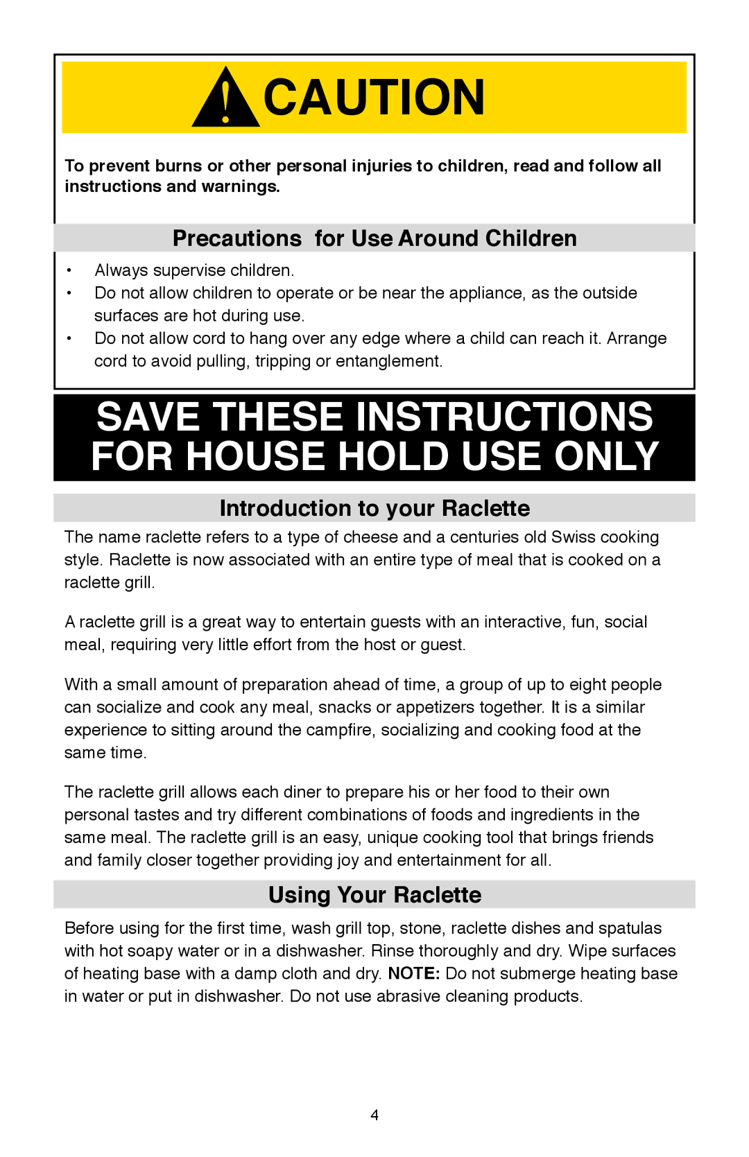 West Bend Model 6130 Precautions for Use Around Children, Introduction to your Raclette, Using Your Raclette 