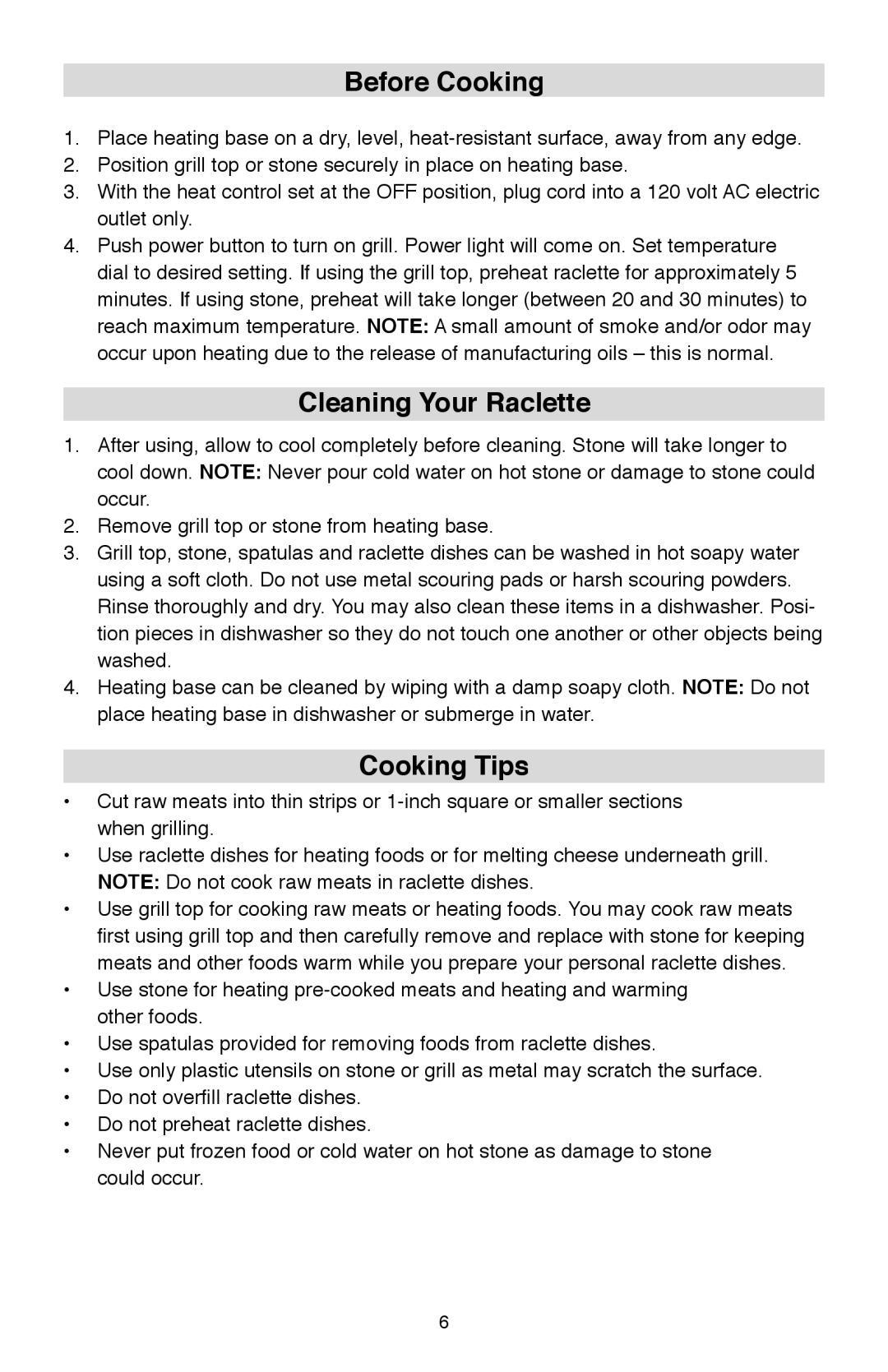 West Bend Model 6130 instruction manual Before Cooking, Cleaning Your Raclette, Cooking Tips 