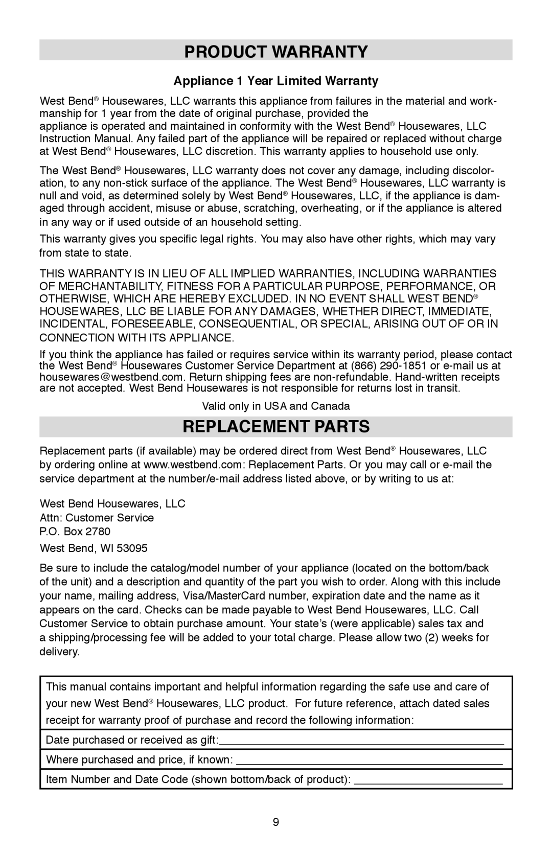 West Bend Model 6130 instruction manual Product Warranty 