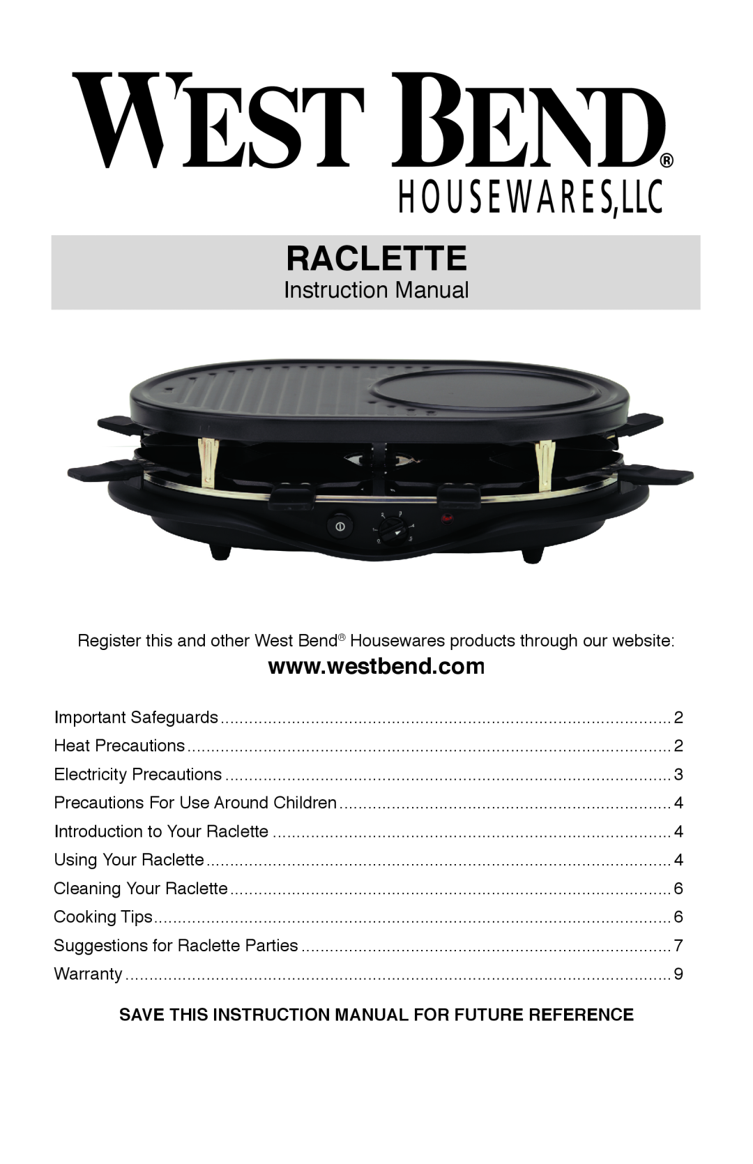 West Bend Model 6130 instruction manual Raclette, Instruction Manual 