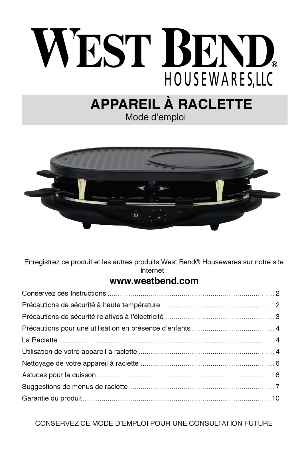 West Bend Model 6130 instruction manual Appareil À Raclette, Mode d’emploi 