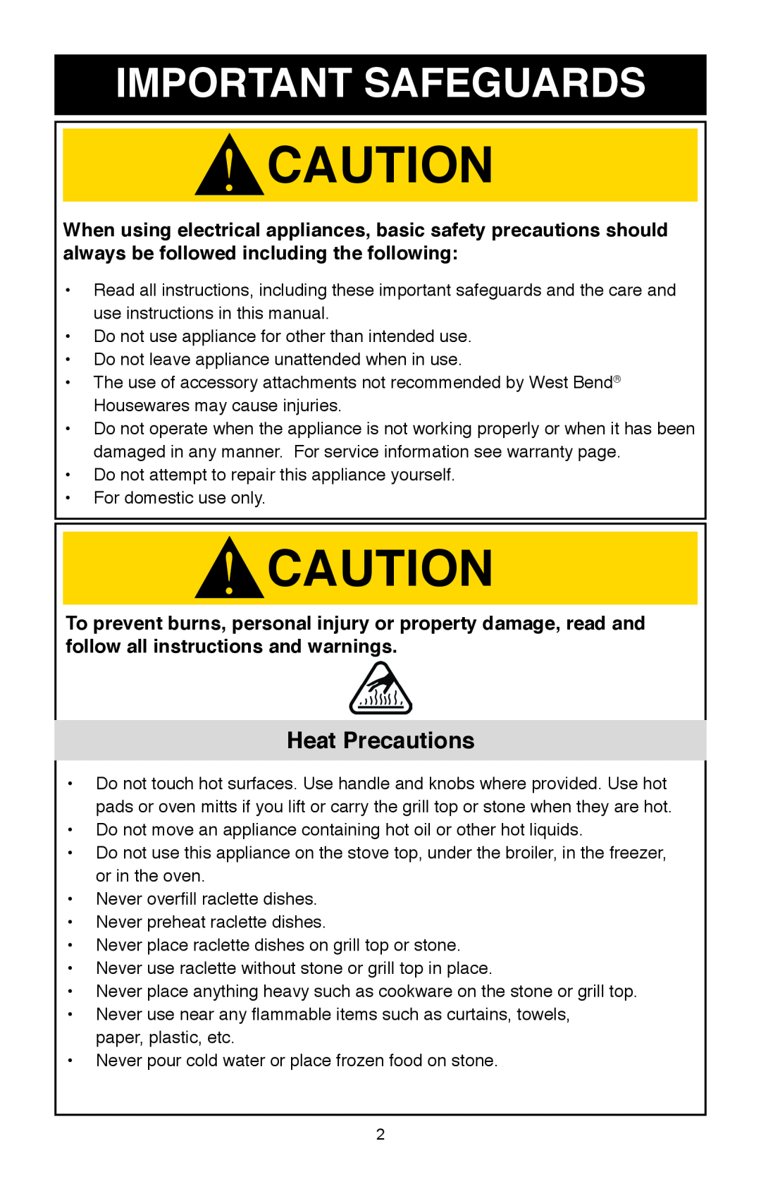 West Bend Model 6130 instruction manual Important Safeguards, Heat Precautions 