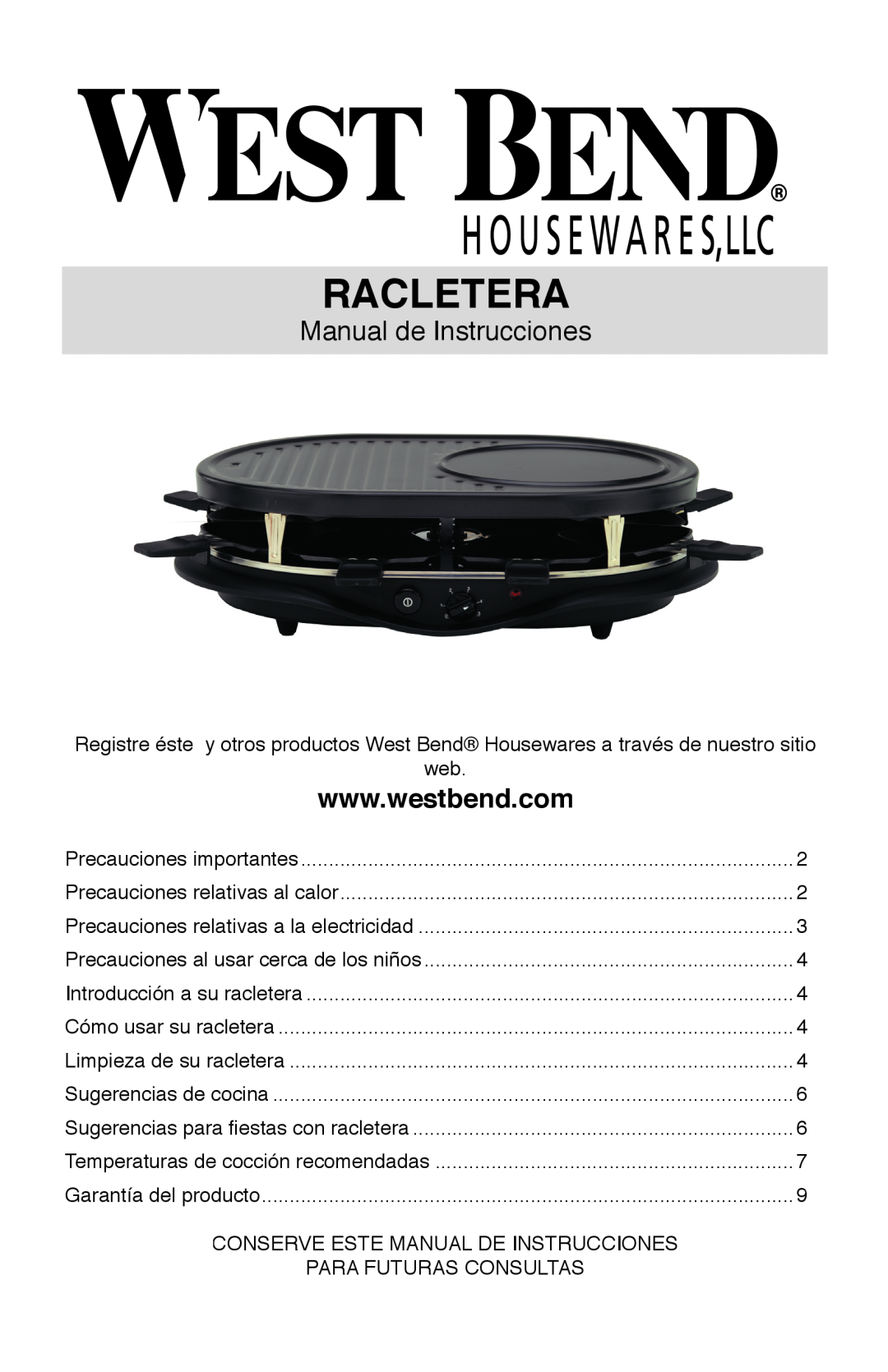 West Bend Model 6130 instruction manual Racletera, Manual de Instrucciones 