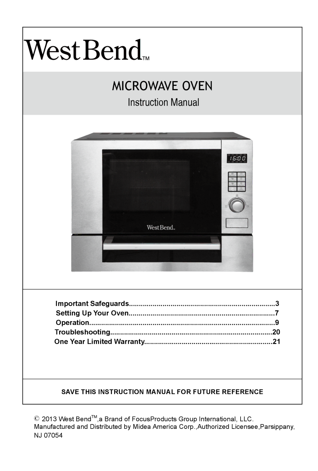 West Bend NJ 07054 instruction manual Microwave Oven 