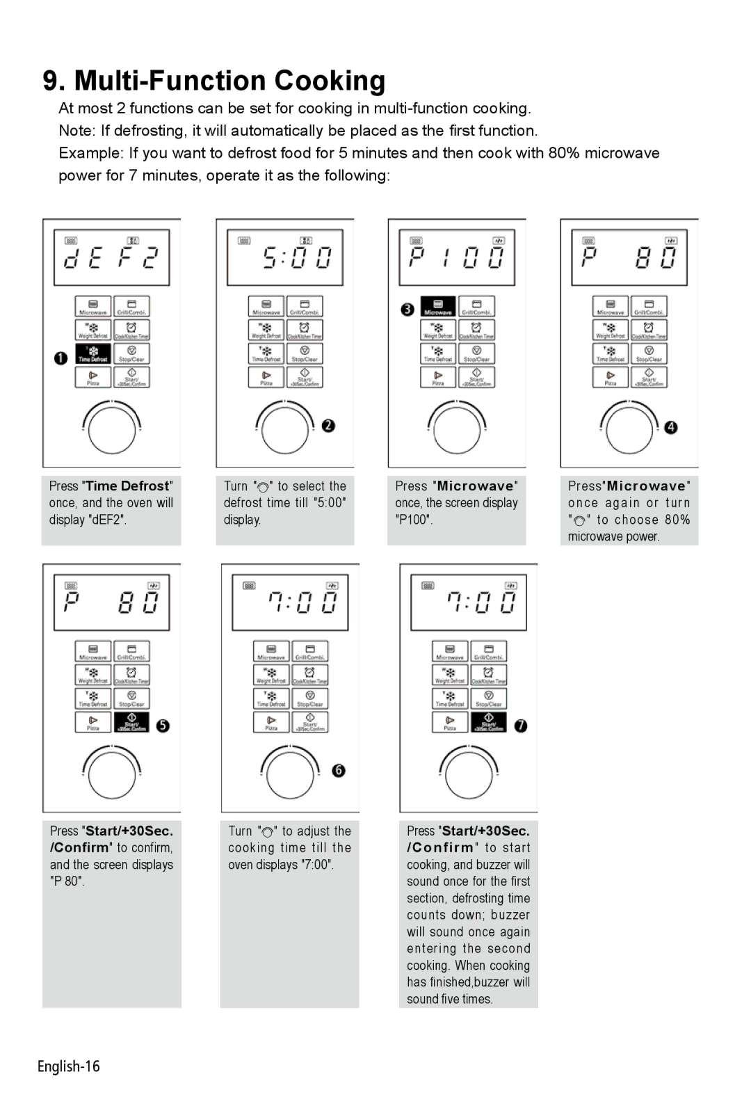 West Bend NJ 07054 instruction manual Multi-Function Cooking, Press Time Defrost once, and the oven will display dEF2 