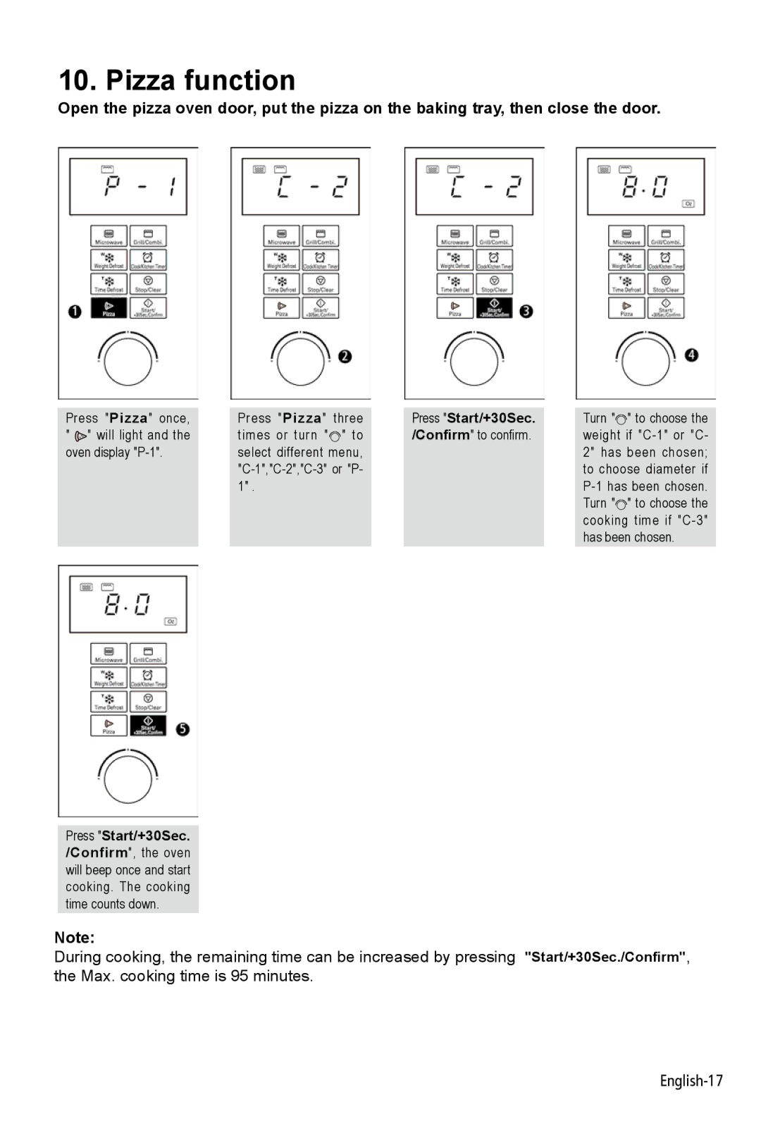 West Bend NJ 07054 instruction manual Pizza function, Press Start/+30Sec 