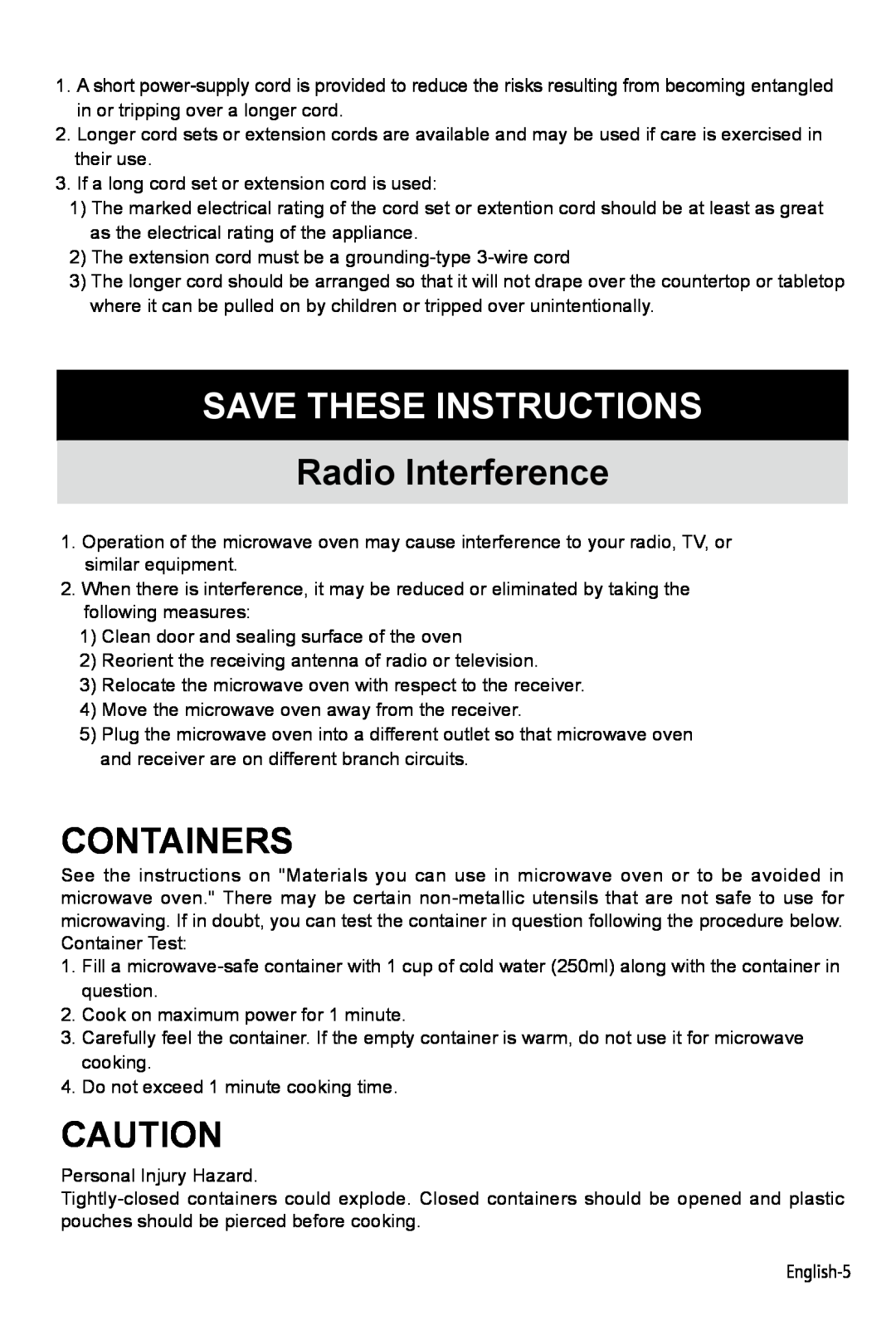 West Bend NJ 07054 instruction manual Save These Instructions, Radio Interference, Containers 