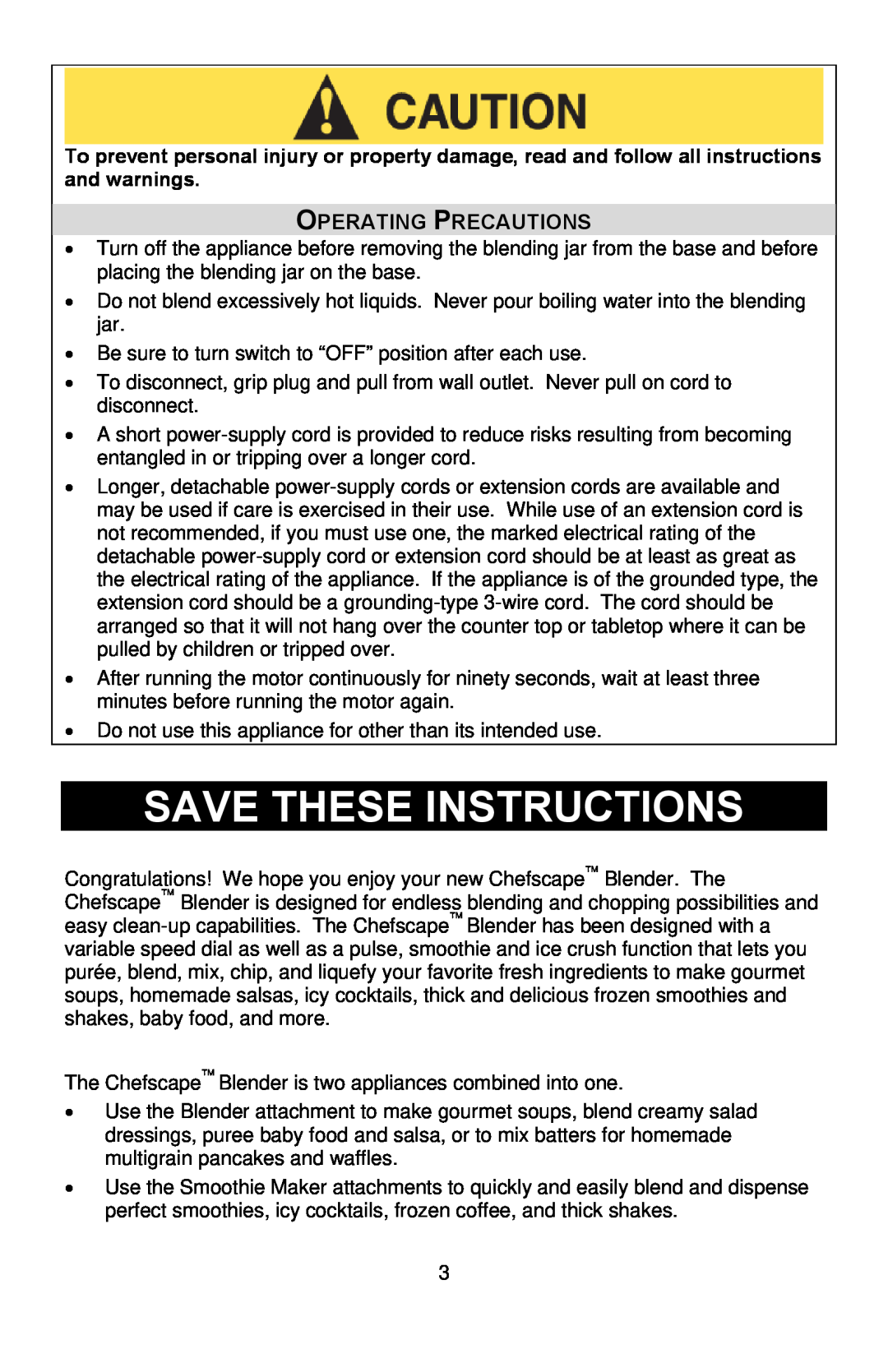 West Bend L5746, PBL1000 instruction manual Save These Instructions, Operating Precautions 