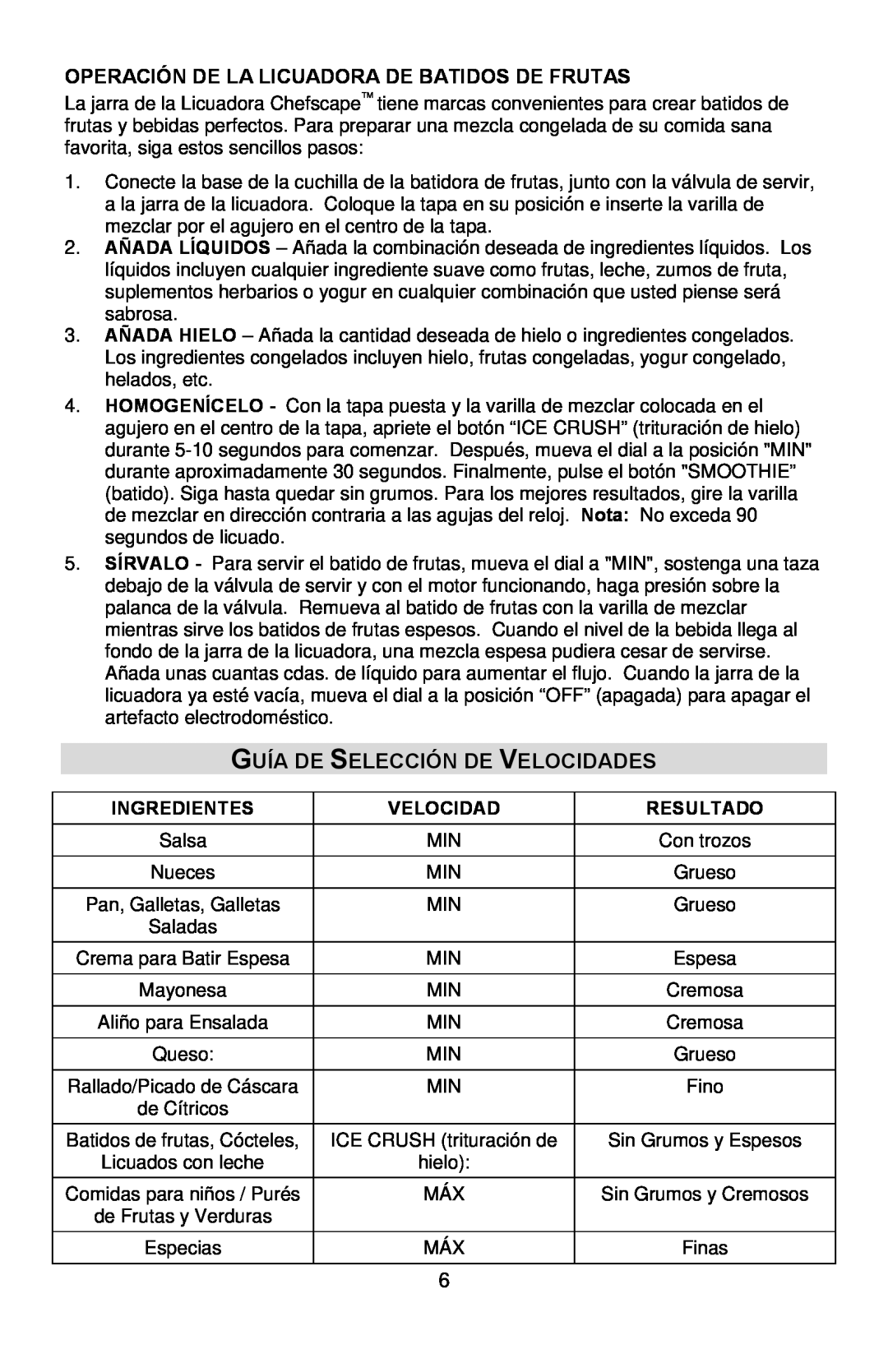 West Bend PBL1000, L5746 Guía De Selección De Velocidades, Operación De La Licuadora De Batidos De Frutas, Ingredientes 