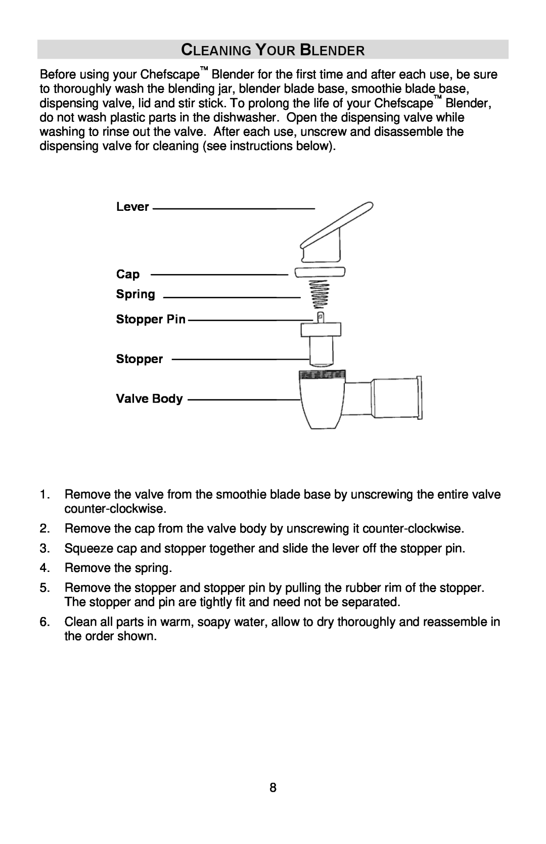 West Bend PBL1000, L5746 instruction manual Cleaning Your Blender, Lever Cap Spring Stopper Pin Stopper Valve Body 