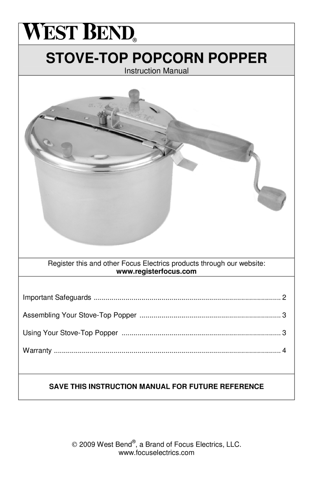 West Bend L5787, PC10651 instruction manual STOVE-TOP Popcorn Popper 