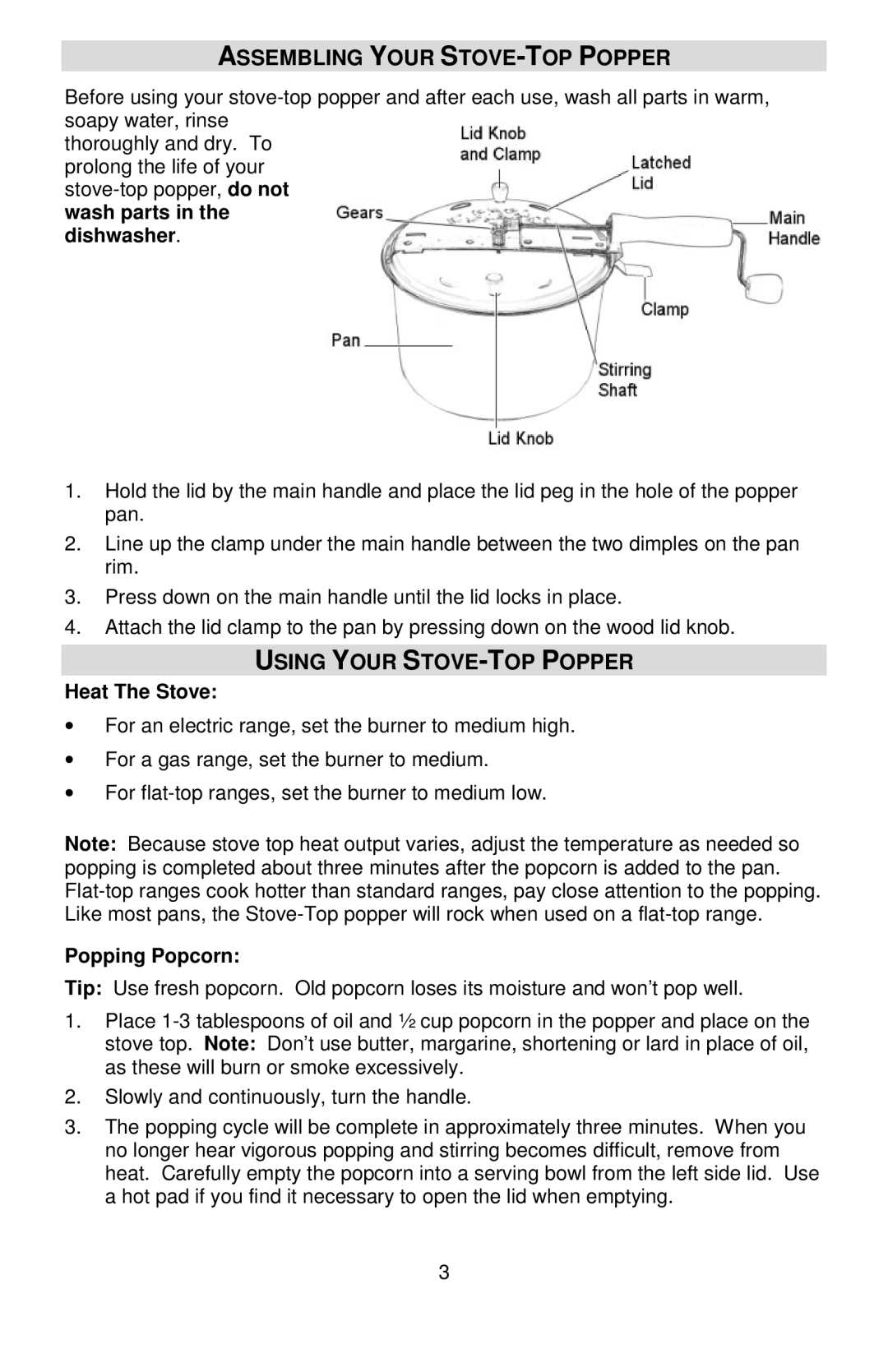 West Bend L5787, PC10651 Assembling Your STOVE-TOP Popper, Using Your STOVE-TOP Popper, Heat The Stove, Popping Popcorn 