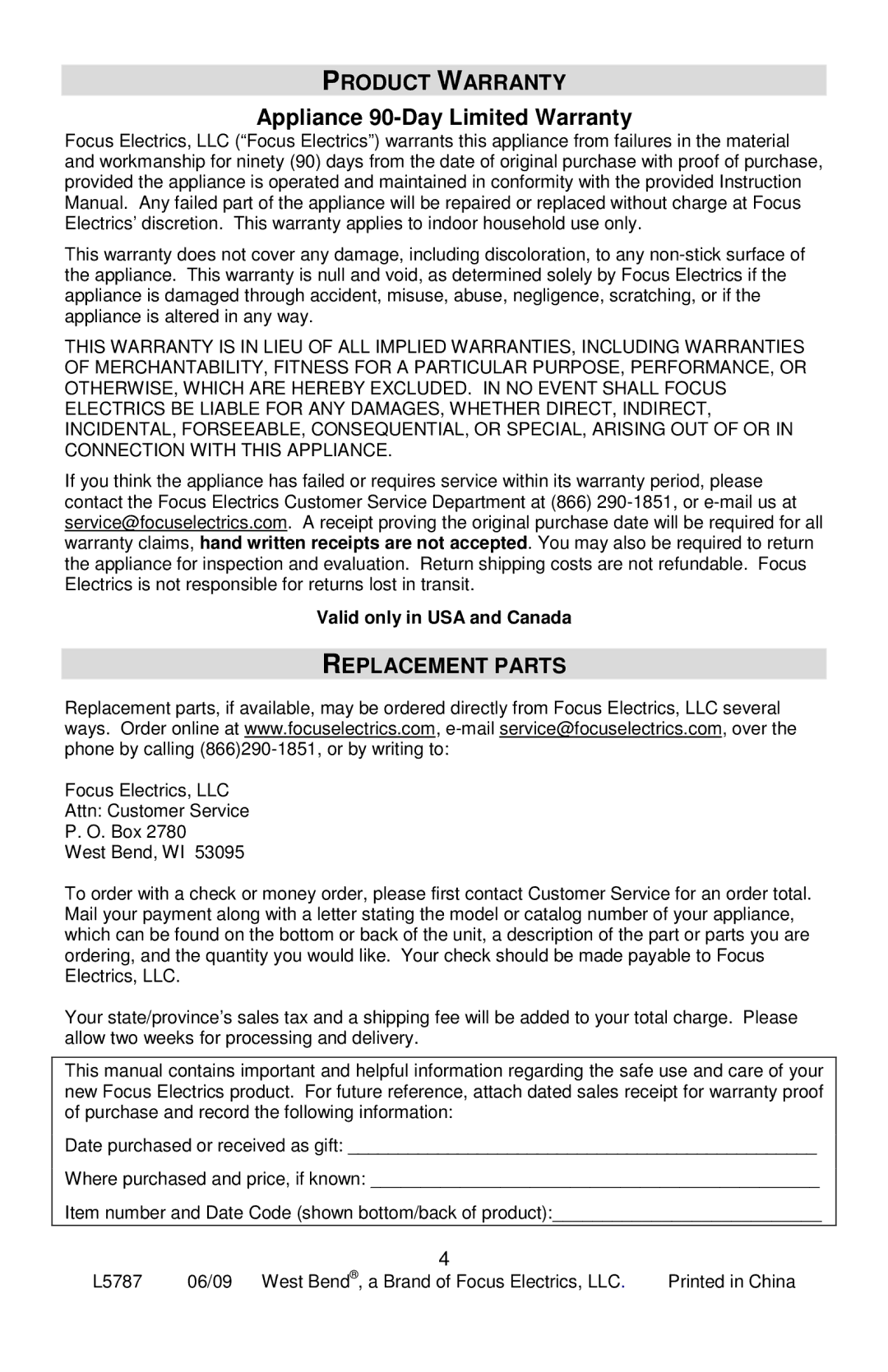 West Bend PC10651, L5787 instruction manual Product Warranty, Appliance 90-Day Limited Warranty, Replacement Parts 