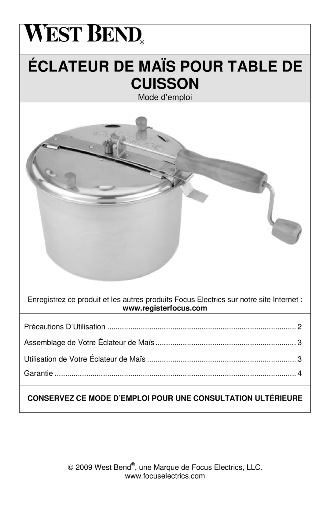 West Bend L5787, PC10651 instruction manual Éclateur DE Maïs Pour Table DE Cuisson 