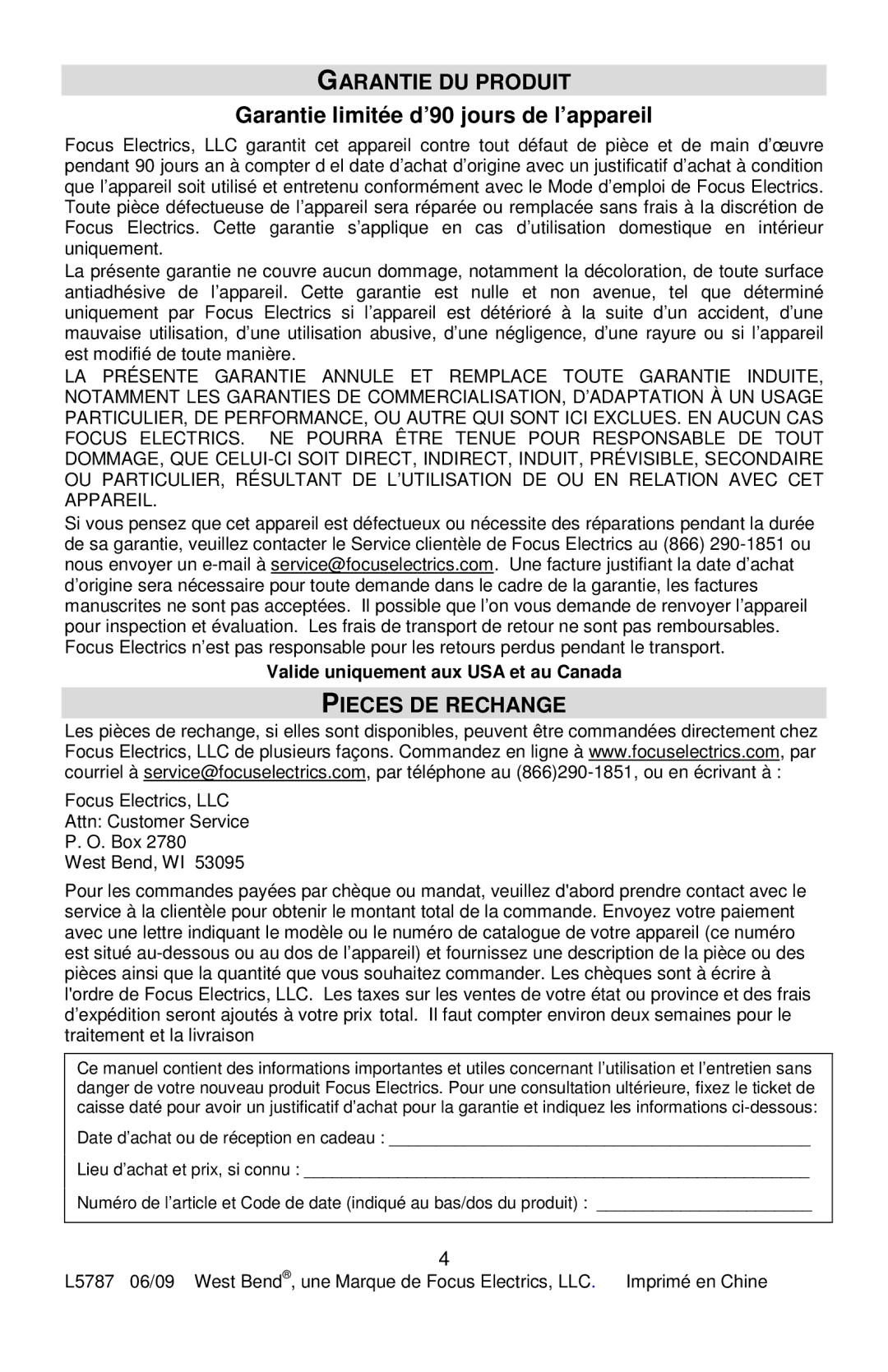 West Bend PC10651, L5787 Garantie DU Produit, Garantie limitée d’90 jours de l’appareil, Pieces DE Rechange 