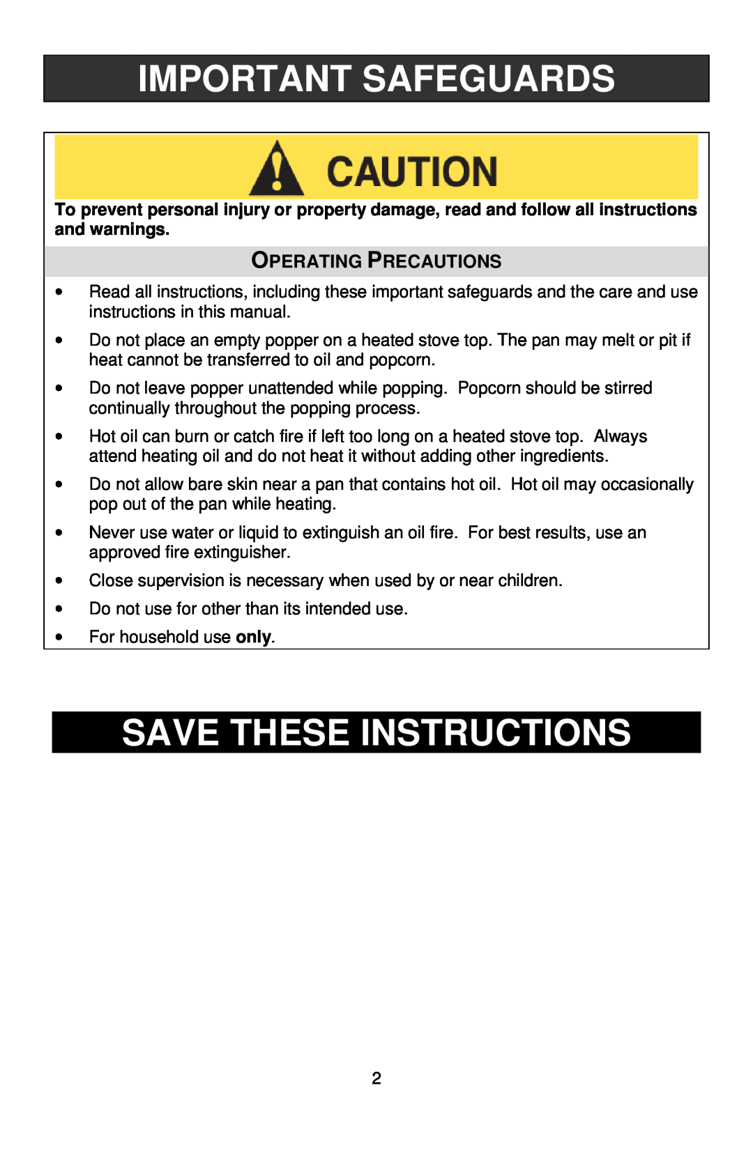 West Bend PC10651, L5787 instruction manual Important Safeguards, Save These Instructions, Operating Precautions 