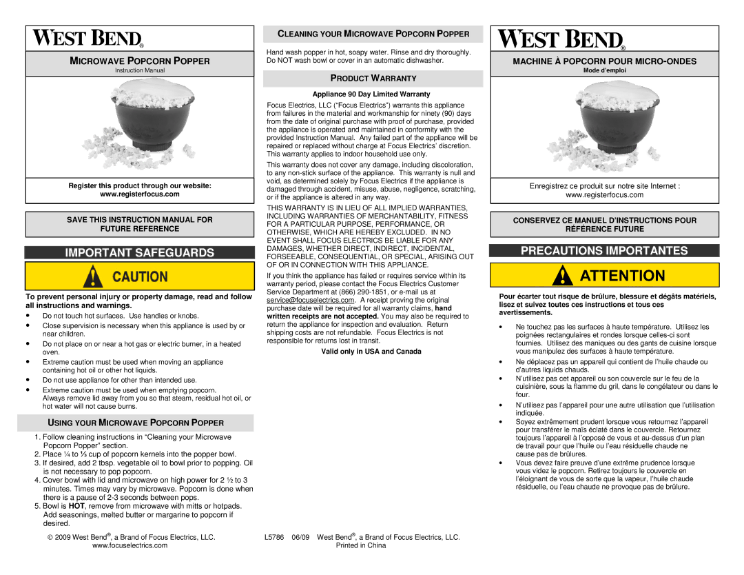 West Bend L5786, PC10691 warranty Important Safeguards, Precautions Importantes 