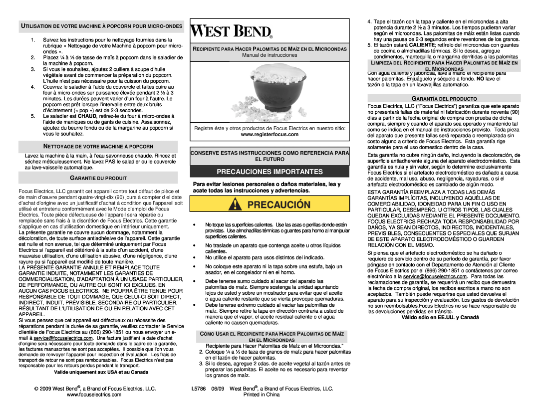 West Bend PC10691, L5786 warranty Precauciones Importantes, Conserve Estas Instrucciones Como Referencia Para, El Futuro 