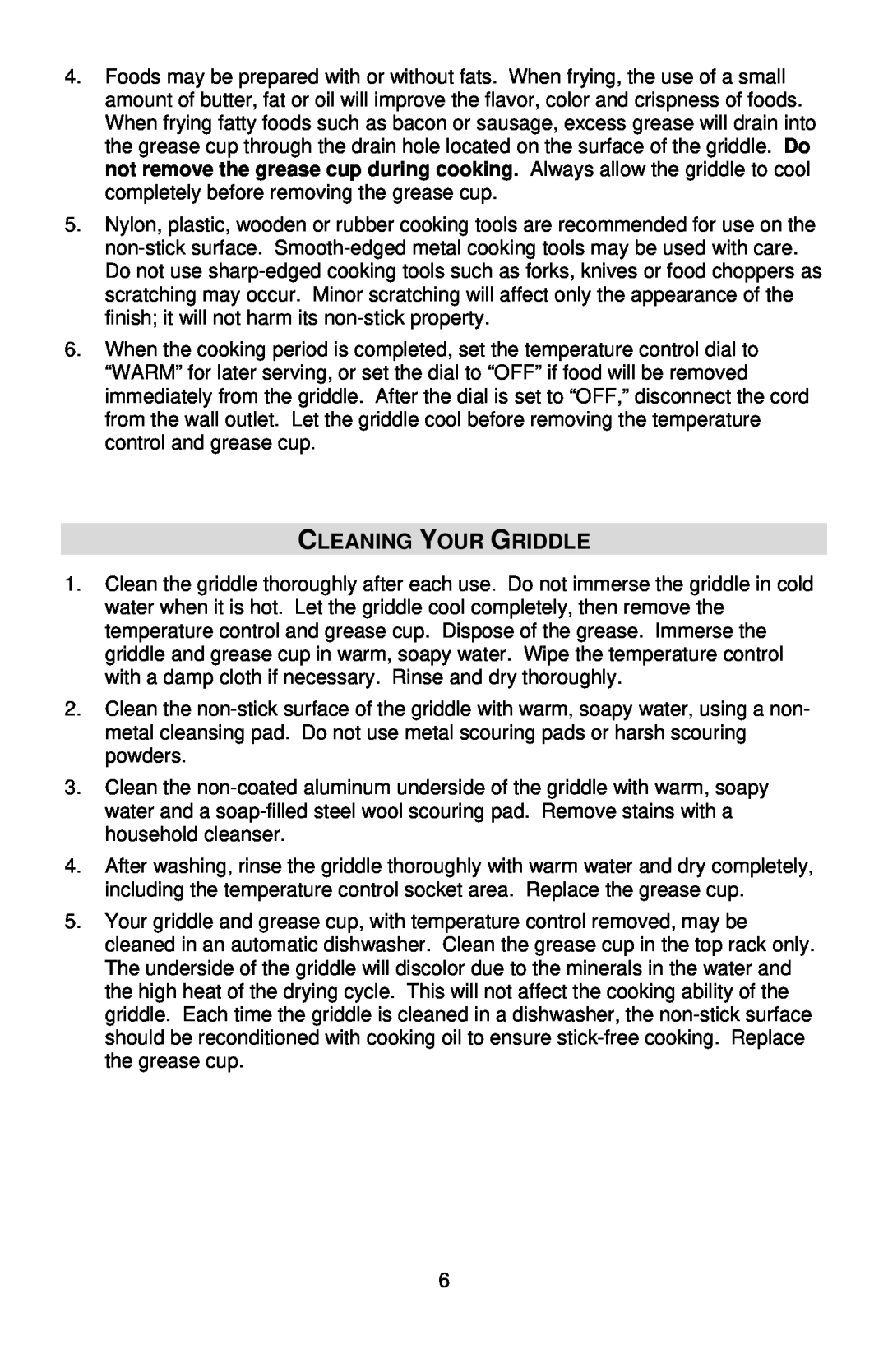 West Bend PRGD900, L5749 instruction manual Cleaning Your Griddle 