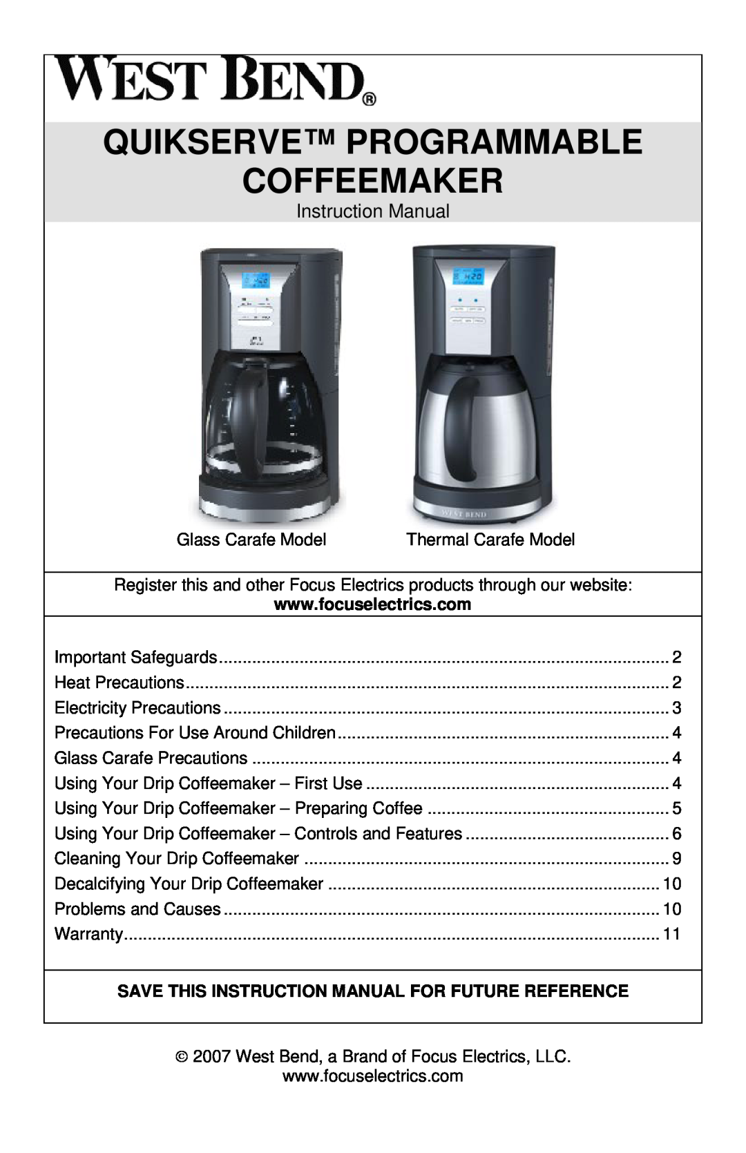 West Bend QUIKSERVE instruction manual Quikserve Programmable Coffeemaker 