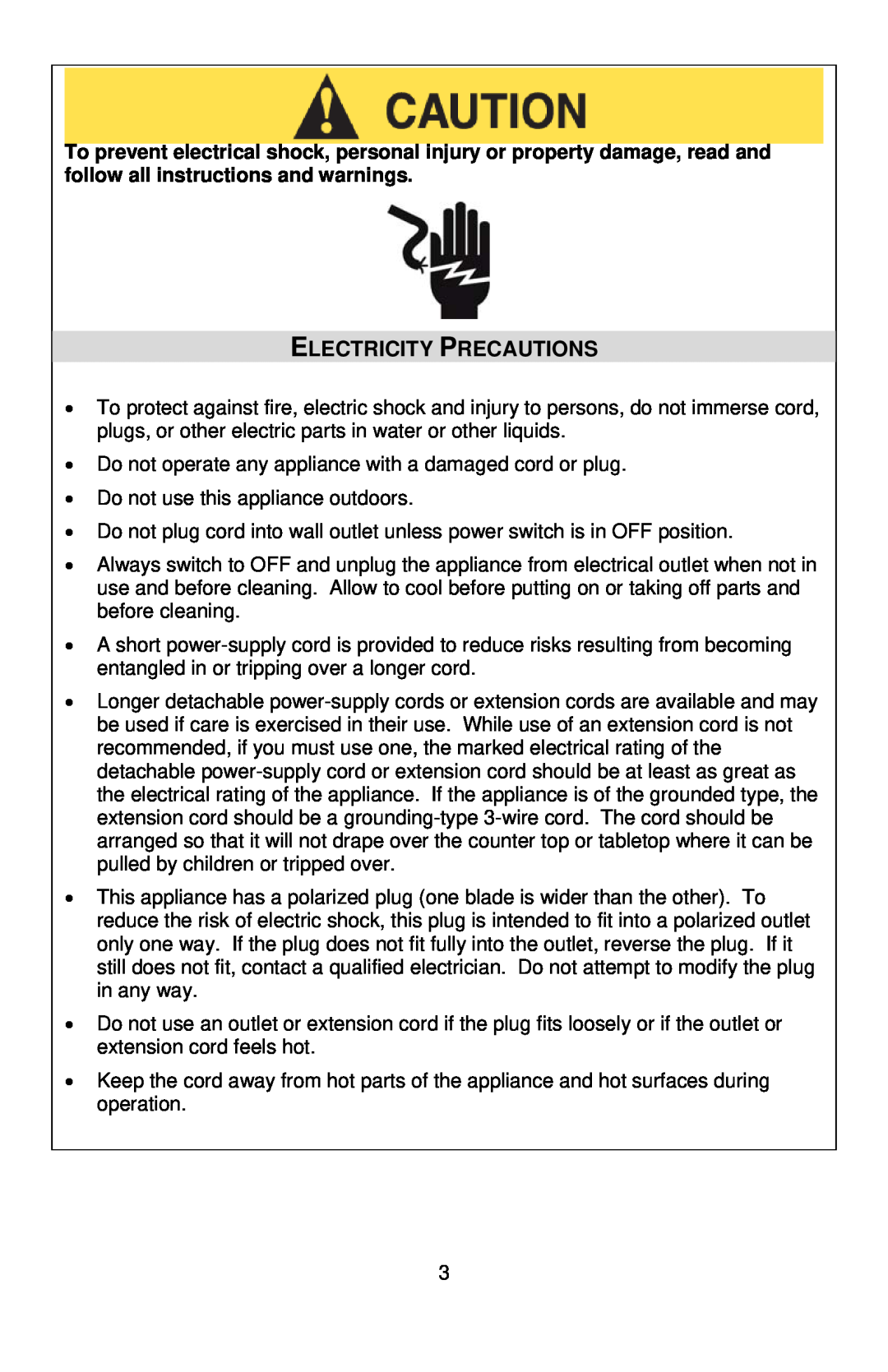 West Bend QUIKSERVE instruction manual Electricity Precautions 