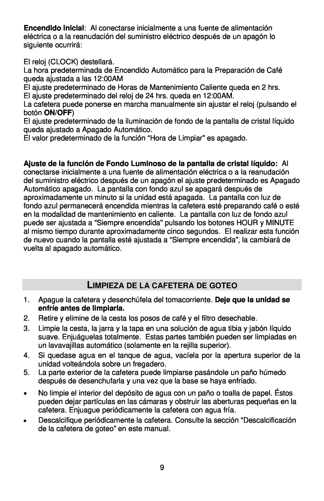 West Bend QUIKSERVE instruction manual Limpieza De La Cafetera De Goteo 