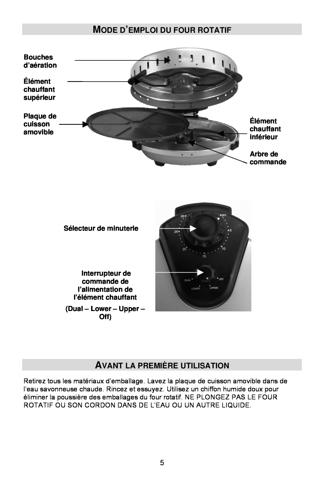 West Bend Rotary Oven Mode D’Emploi Du Four Rotatif, Avant La Première Utilisation, Dual – Lower – Upper – Off 