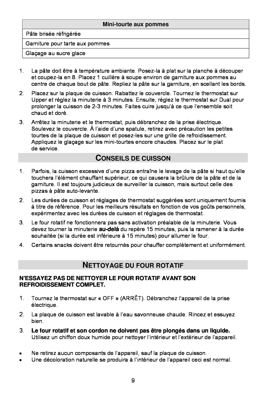 West Bend Rotary Oven instruction manual Conseils De Cuisson, Nettoyage Du Four Rotatif 