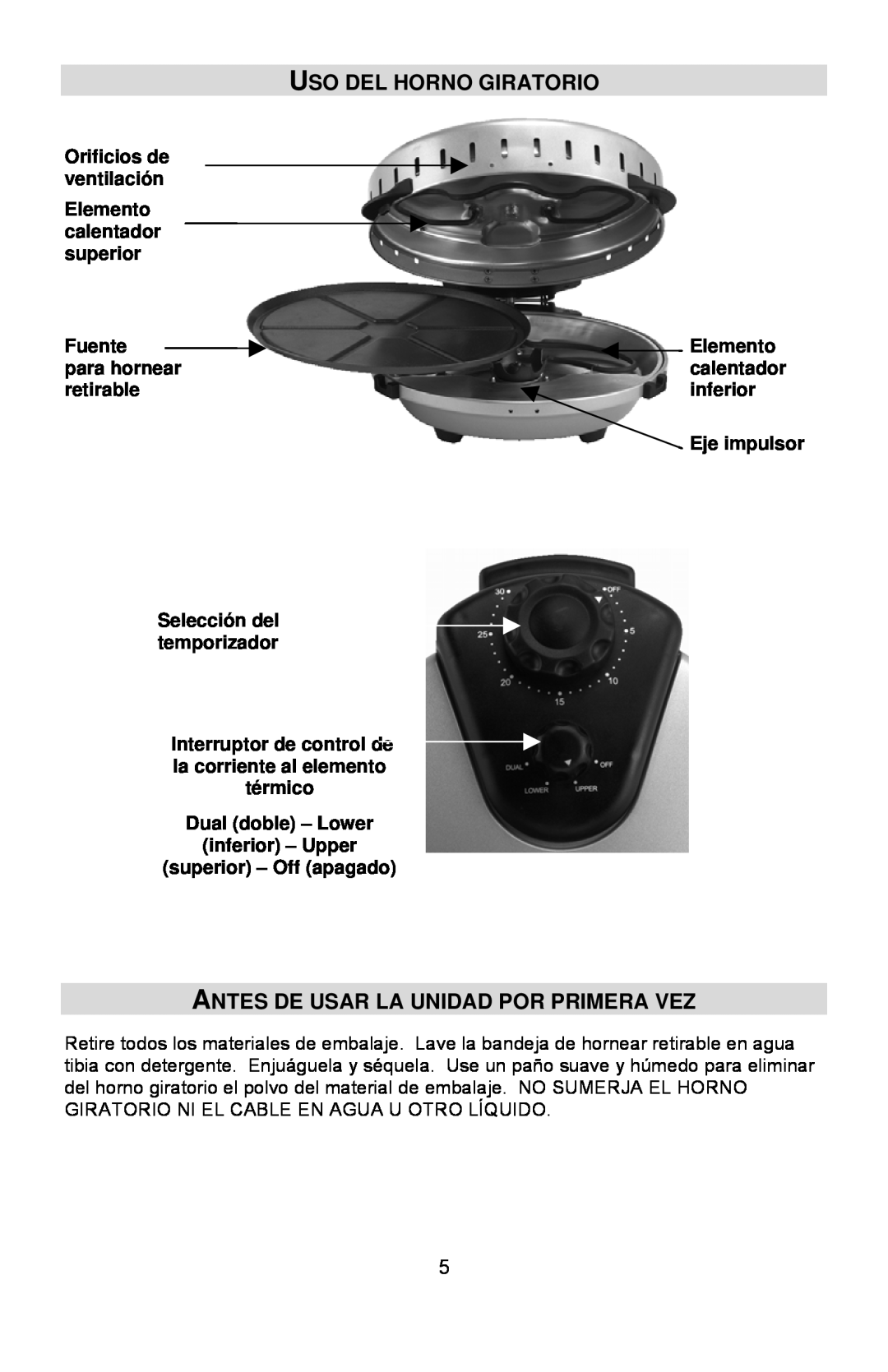 West Bend Rotary Oven instruction manual Uso Del Horno Giratorio, Antes De Usar La Unidad Por Primera Vez 