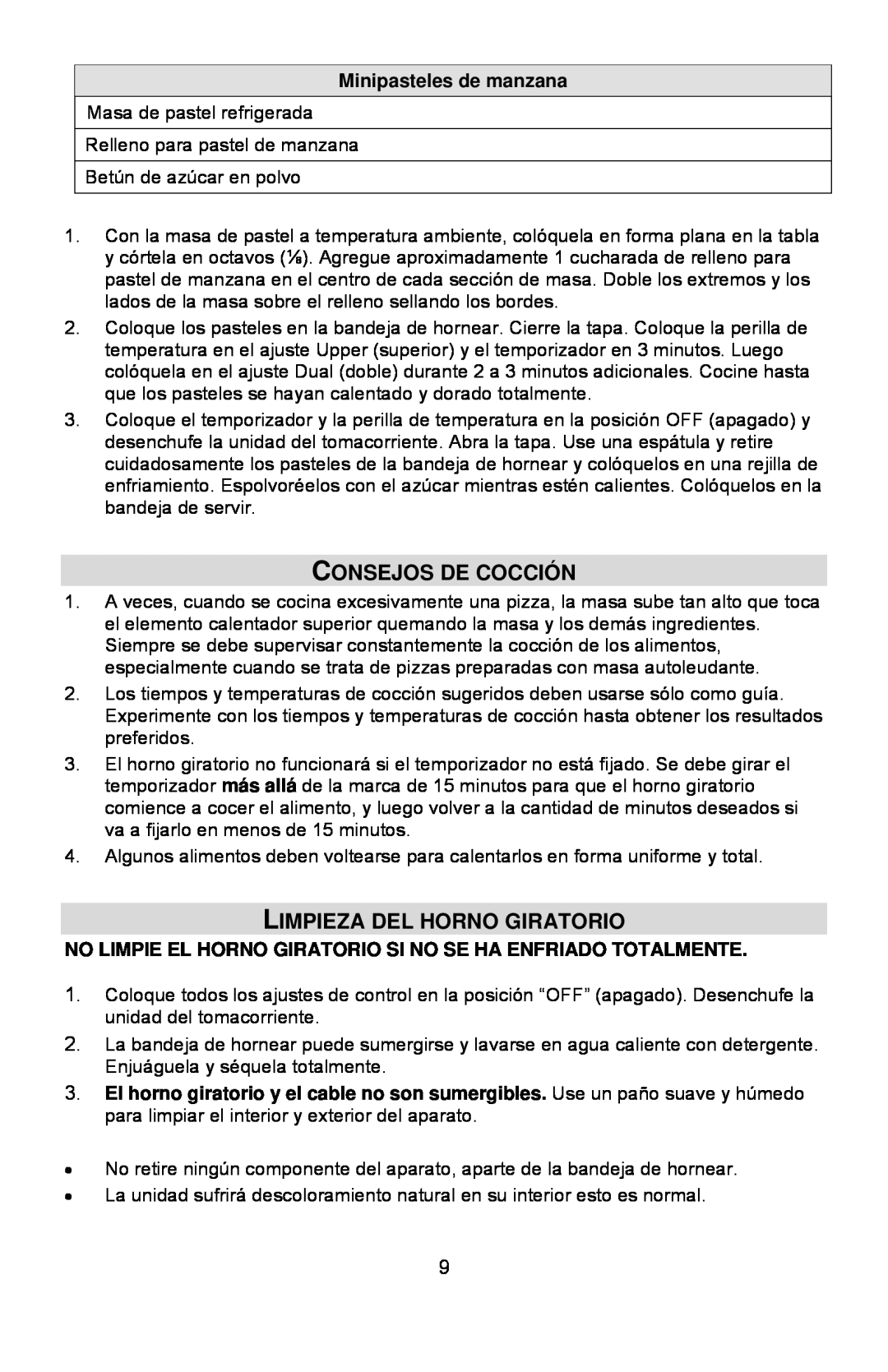 West Bend Rotary Oven instruction manual Consejos De Cocción, Limpieza Del Horno Giratorio 