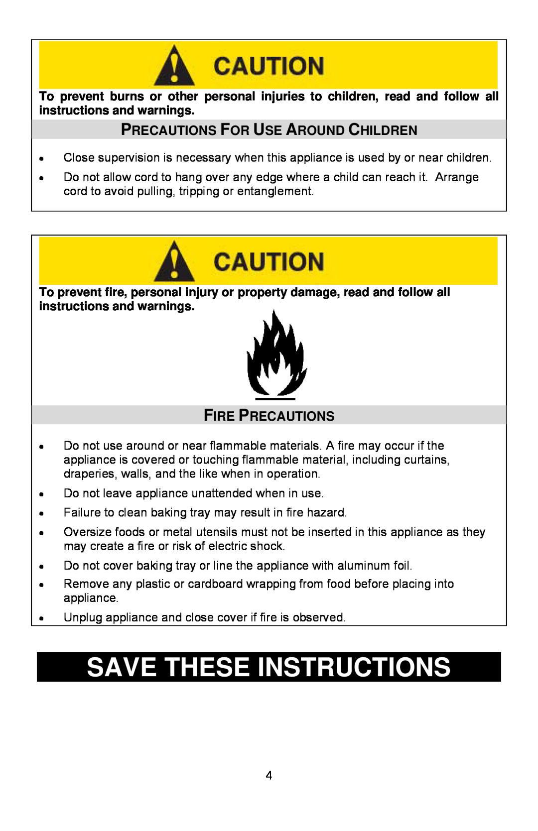 West Bend Rotary Oven instruction manual Save These Instructions, Precautions For Use Around Children, Fire Precautions 