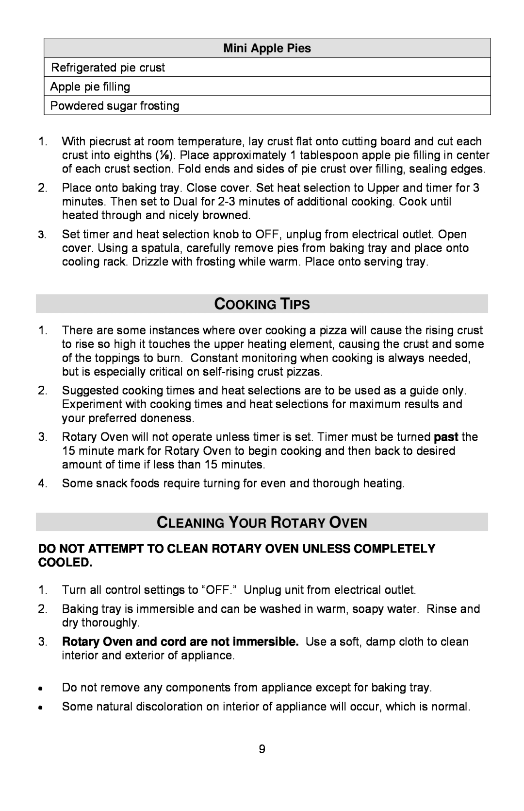 West Bend instruction manual Cooking Tips, Cleaning Your Rotary Oven 