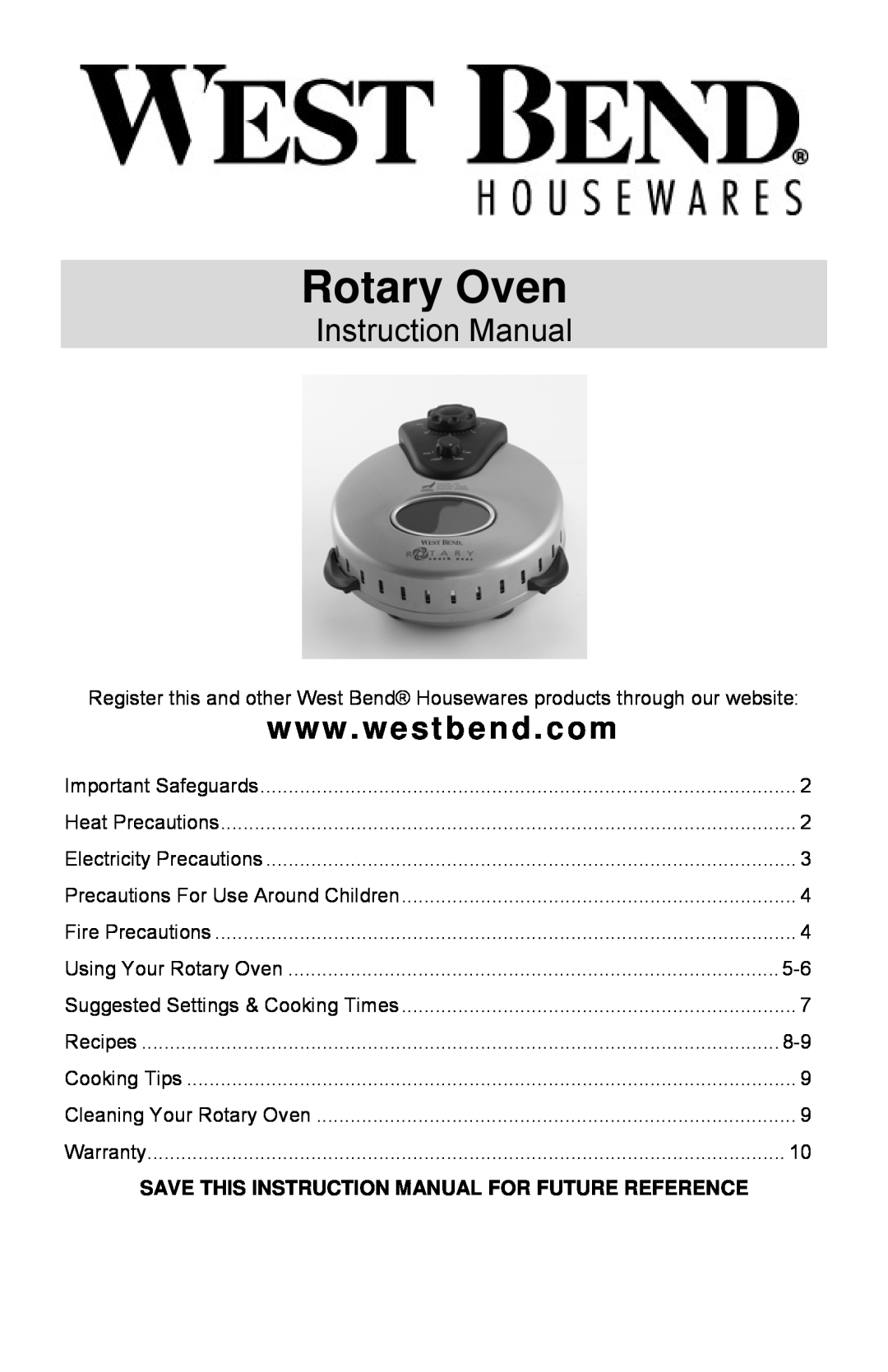 West Bend Rotisserie Oven instruction manual Rotary Oven 