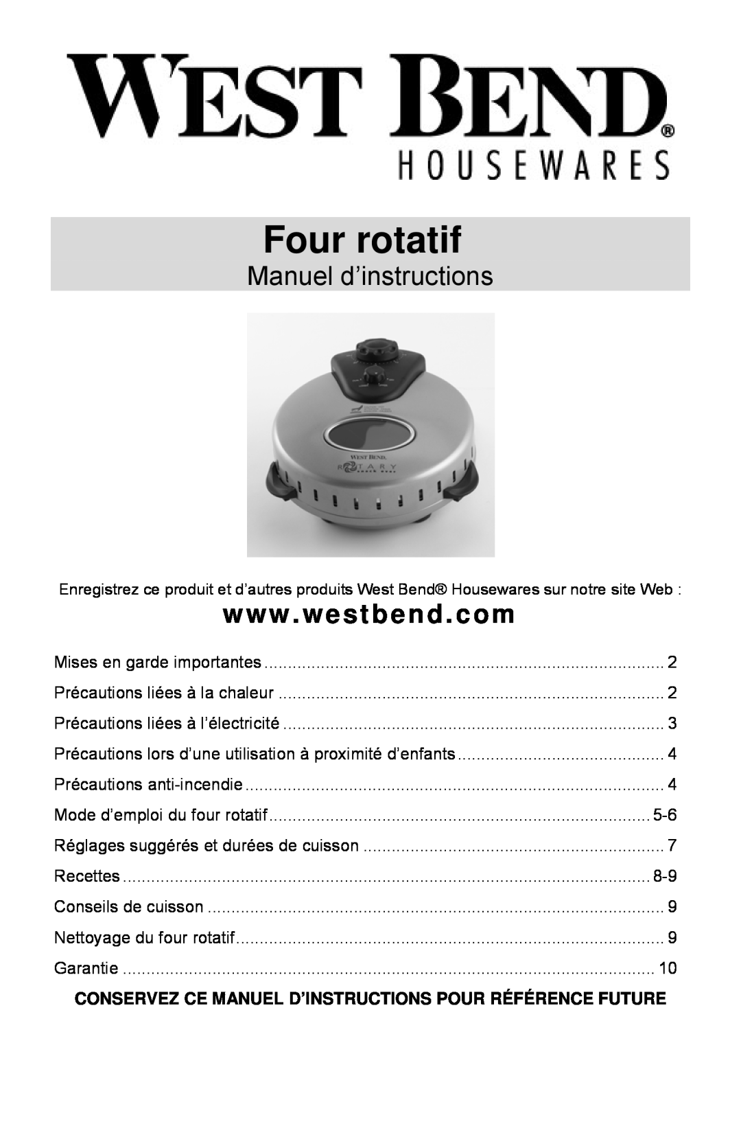 West Bend Rotisserie Oven instruction manual Four rotatif, Manuel d’instructions 