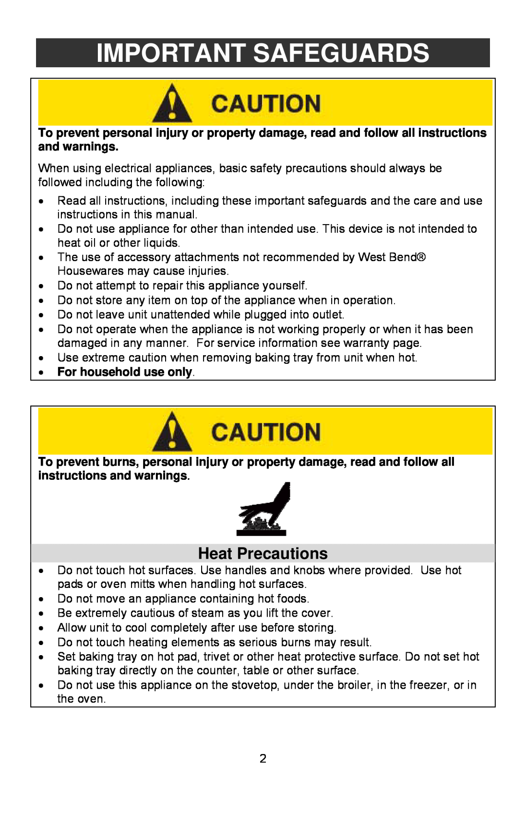 West Bend Rotisserie Oven instruction manual Important Safeguards, Heat Precautions 