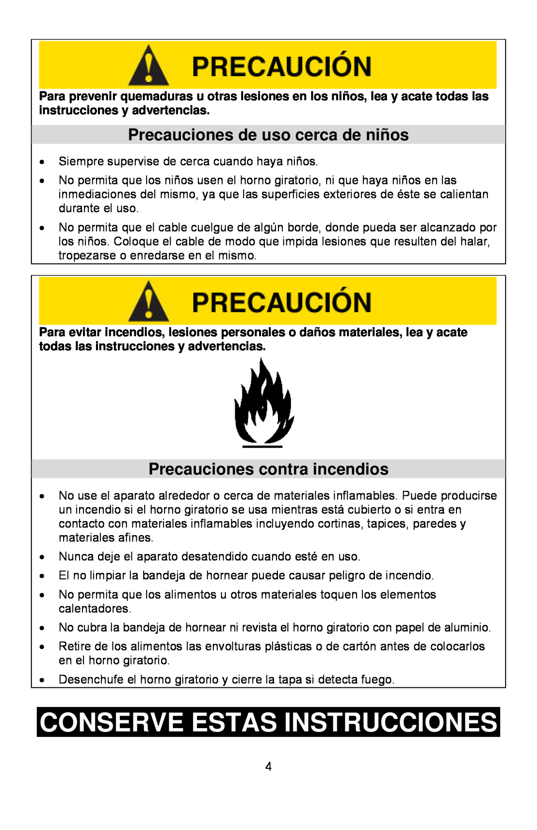 West Bend Rotisserie Oven Conserve Estas Instrucciones, Precauciones de uso cerca de niños, Precauciones contra incendios 