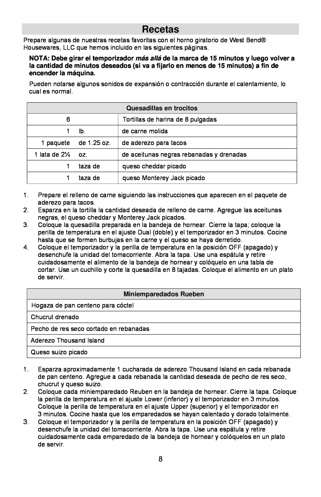 West Bend Rotisserie Oven instruction manual Recetas, Quesadillas en trocitos, Miniemparedados Rueben 