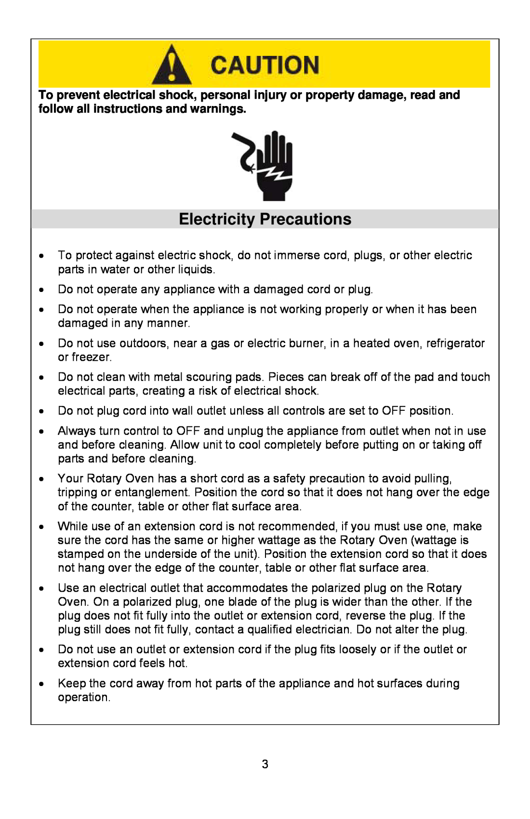 West Bend Rotisserie Oven instruction manual Electricity Precautions 