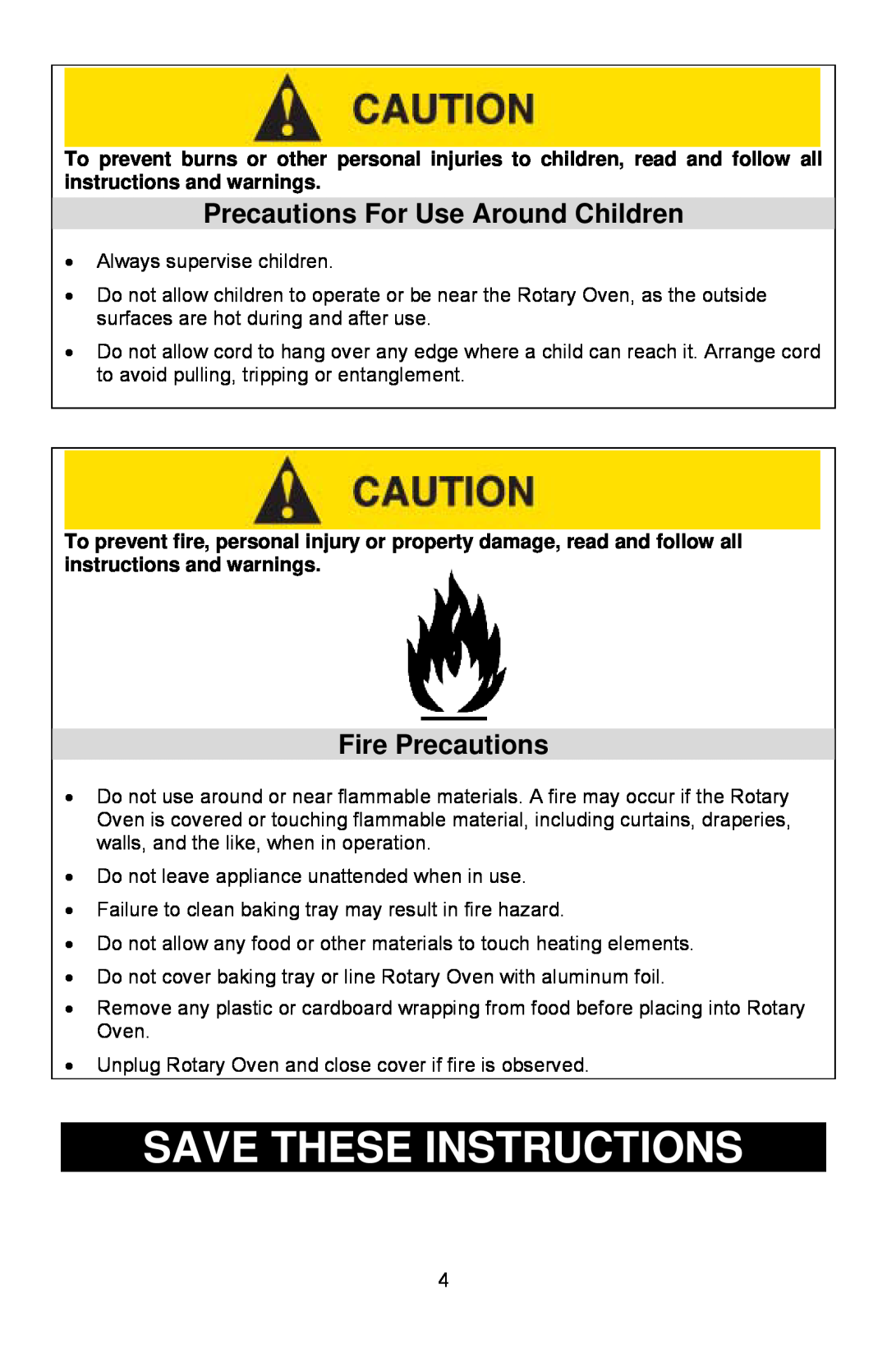 West Bend Rotisserie Oven instruction manual Save These Instructions, Precautions For Use Around Children, Fire Precautions 