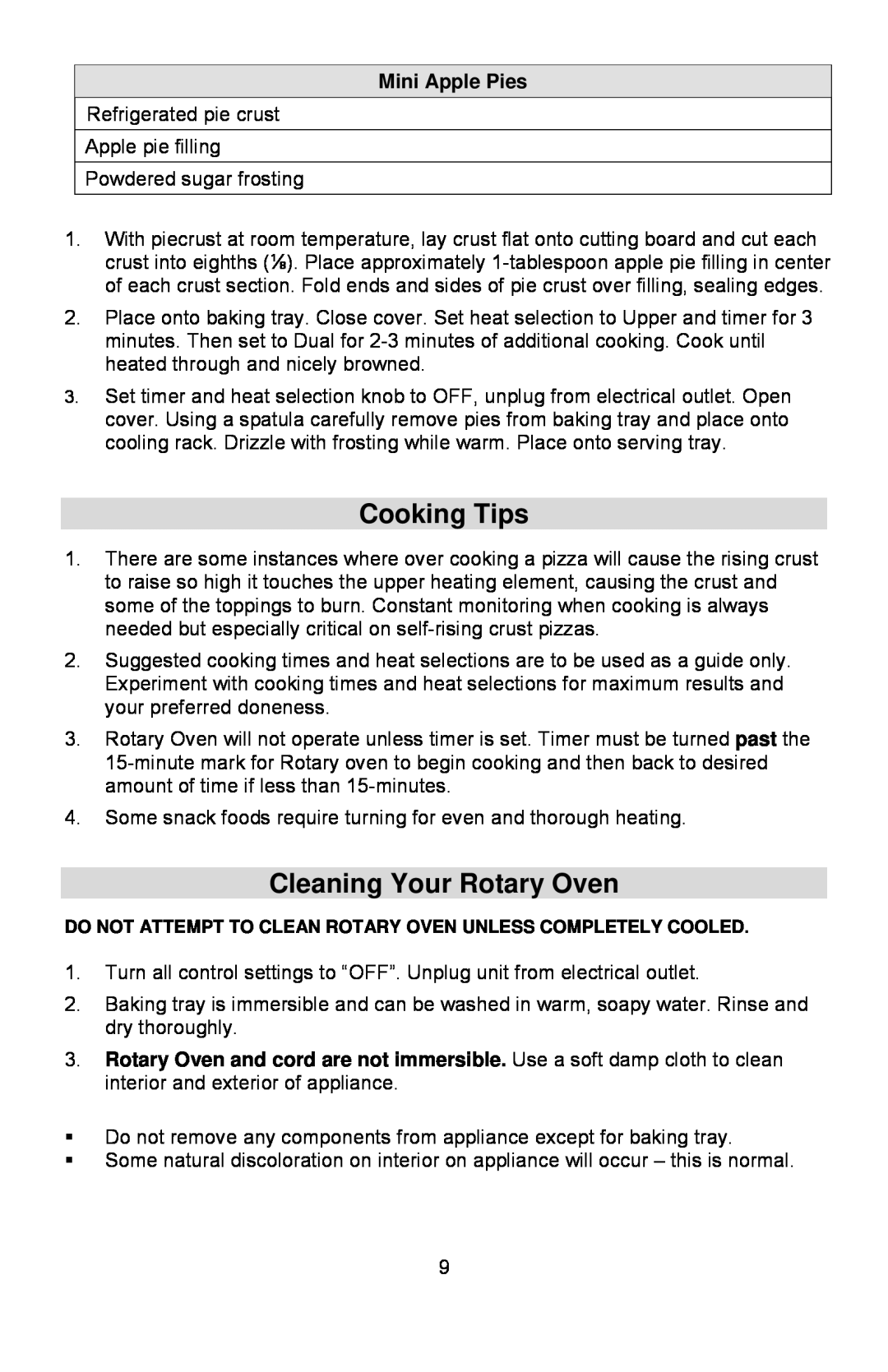 West Bend Rotisserie Oven instruction manual Cooking Tips, Cleaning Your Rotary Oven, Mini Apple Pies 