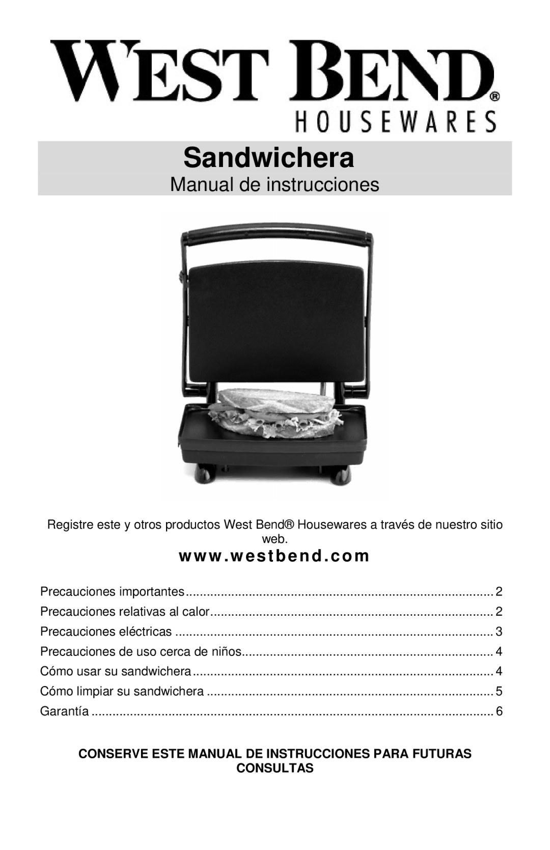 West Bend Sandwich Maker instruction manual Sandwichera 