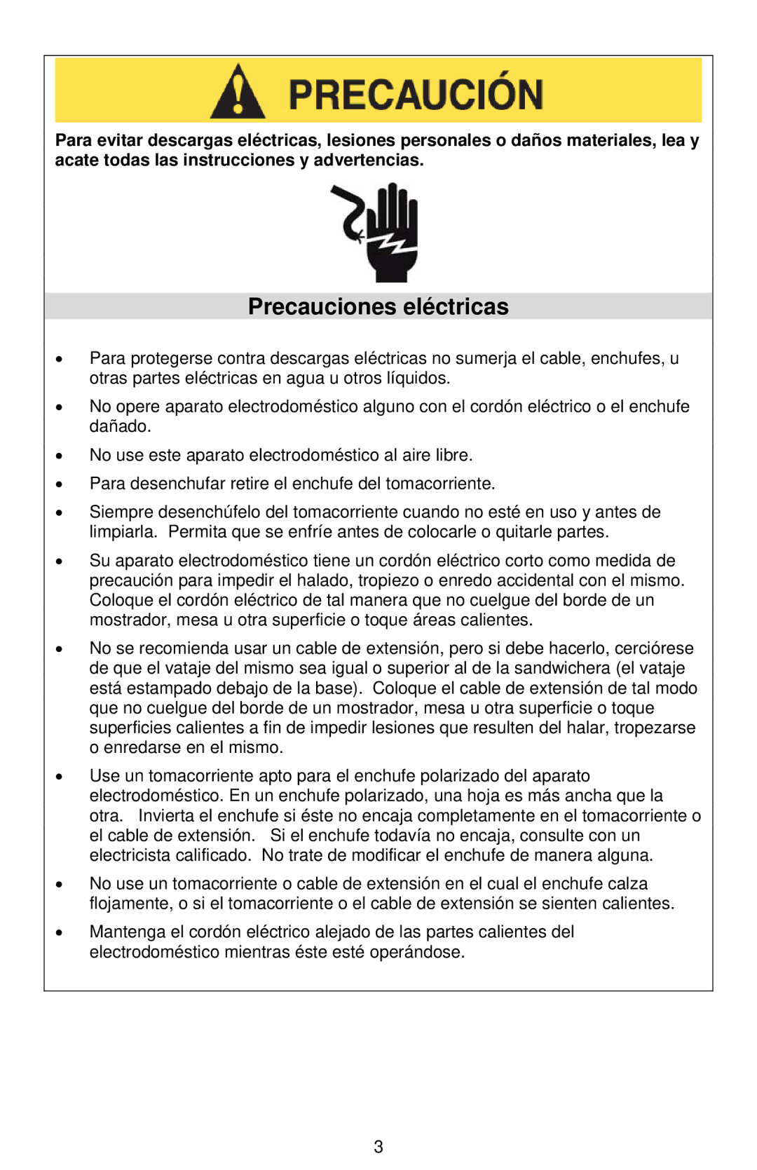 West Bend Sandwich Maker instruction manual Precauciones eléctricas 